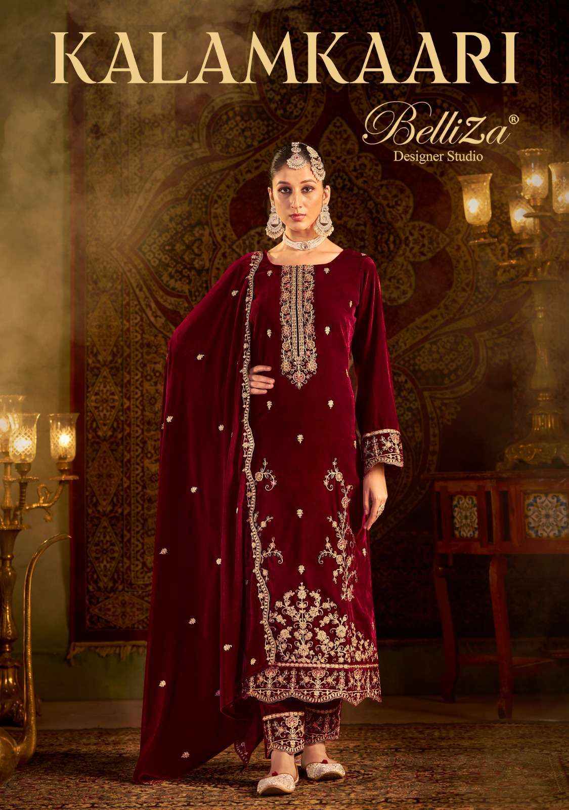 BELLIZA DESIGNER STUDIO KALAMKAARI LADIES VELVET SUITS ( 4 PCS CATALOG )