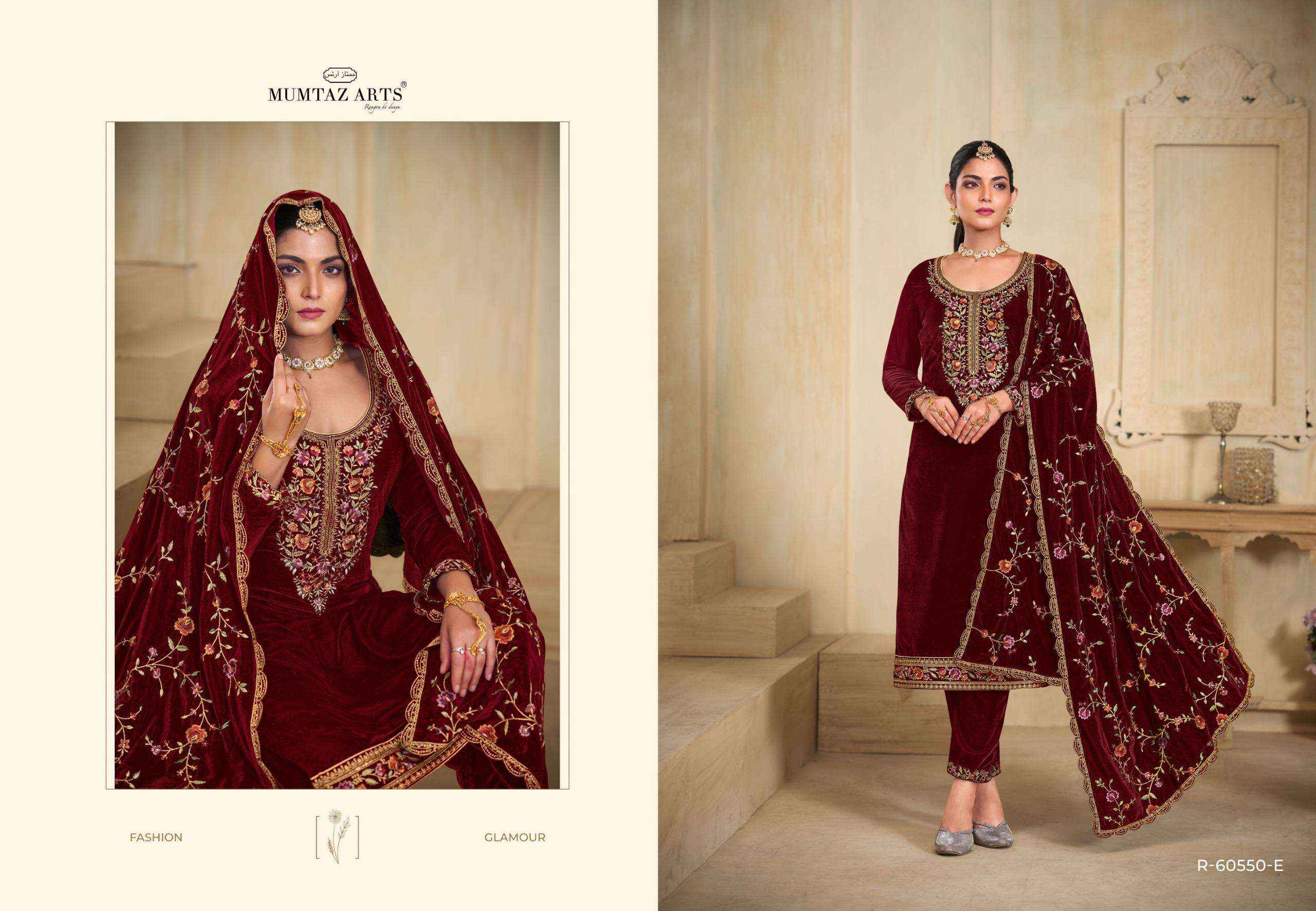 MUMTAZ ARTS ROOH WHOLESALE LADIES VELVET EMBROIDERY DESIGNER SUIT ( 5 PCS CATALOG )