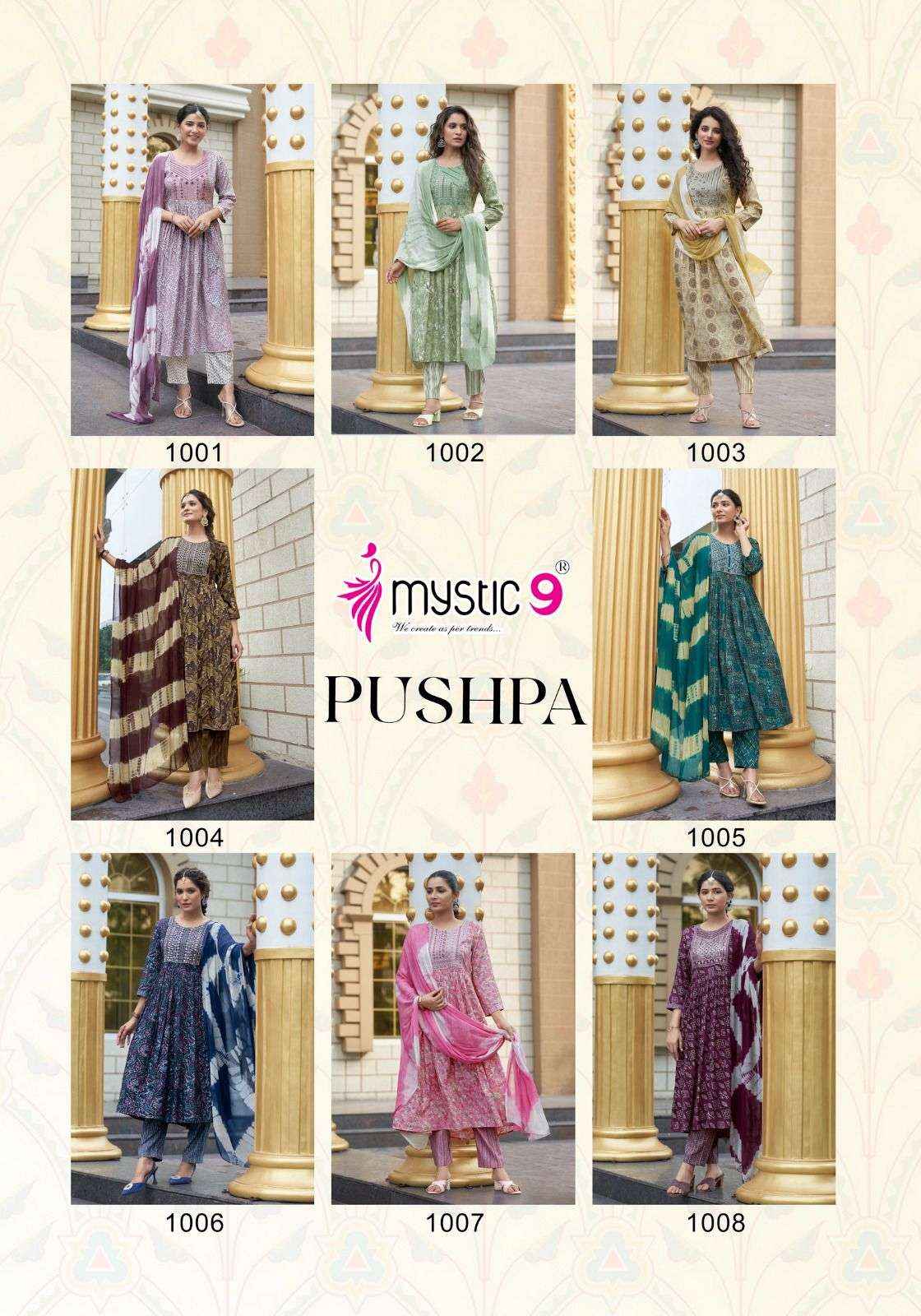 MYSTIC 9 PUSHPA VOL 1 WHOLESALE UMBRELLA CUT PATTERN KURTI COMBO SET ( 8 PCS CATALOG )