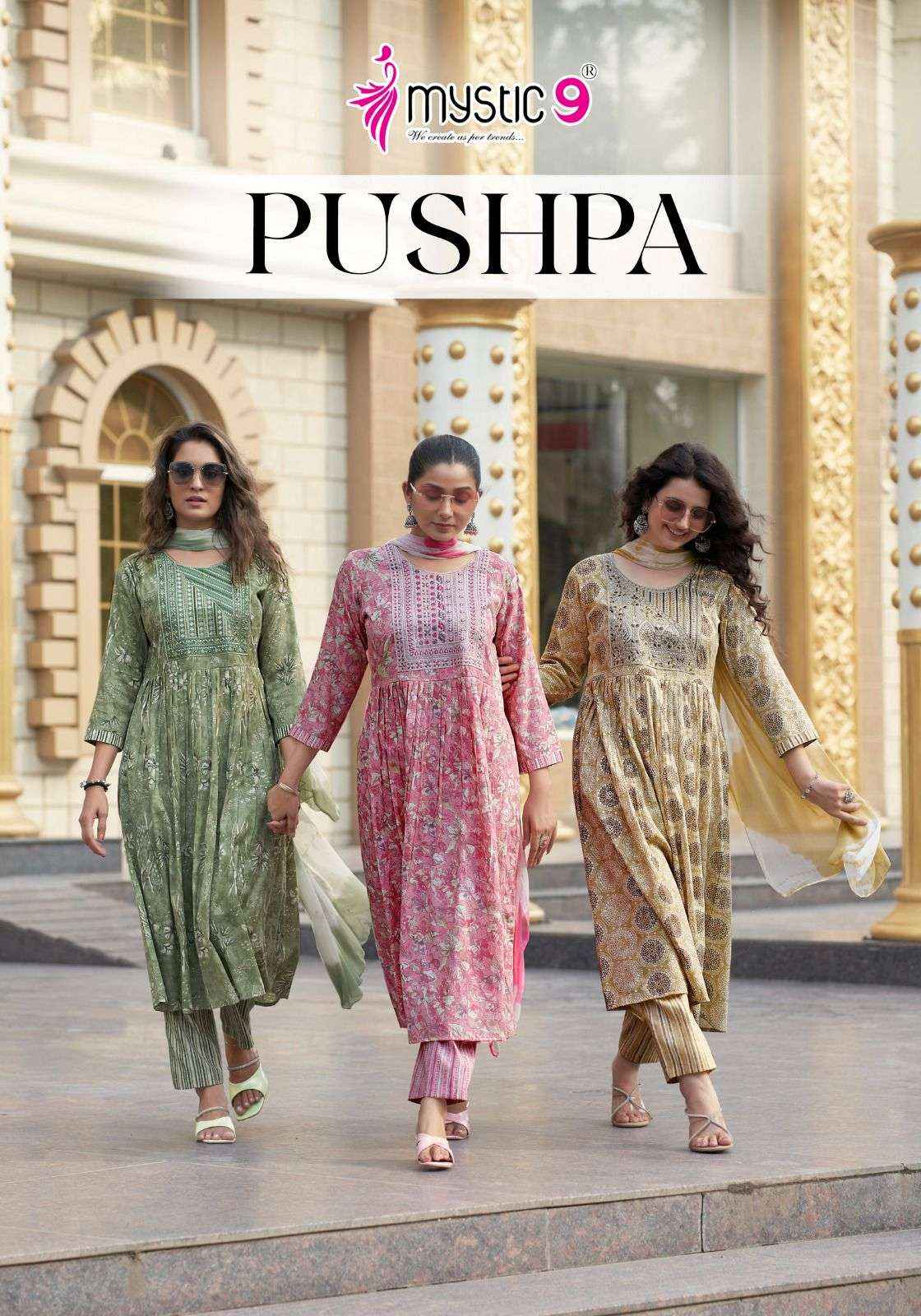 MYSTIC 9 PUSHPA VOL 1 WHOLESALE UMBRELLA CUT PATTERN KURTI COMBO SET ( 8 PCS CATALOG )