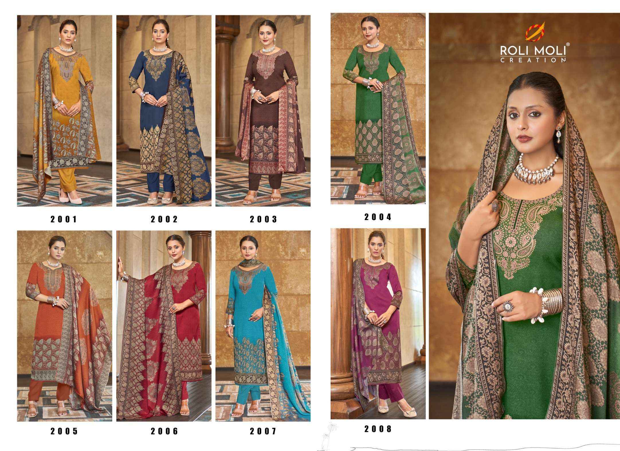 ROLI MOLI CREATION FAIZA PASHMINA PRINT WINTER WEAR SUIT SURAT WHOLESALE ( 8 PCS CATALOG )