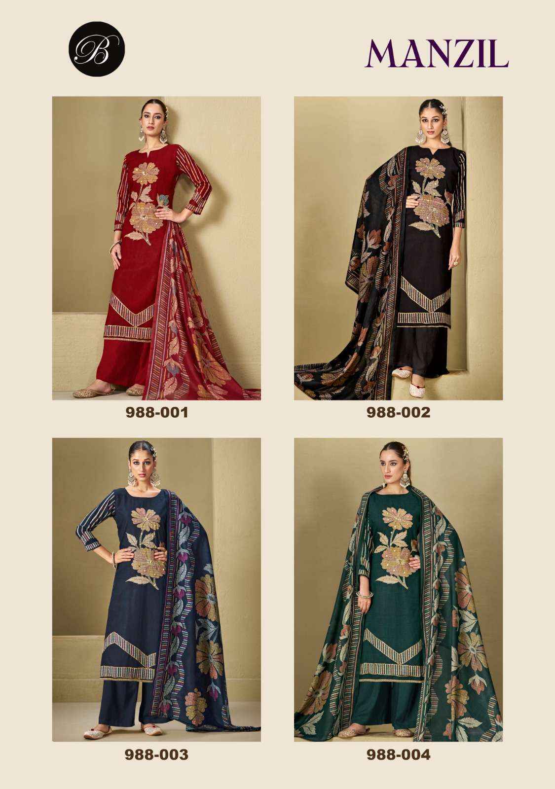 BELLIZA DESIGNER MANZIL VISCOSE DRESS MATERIAL WHOLESALE ( 4 PCS CATALOG )