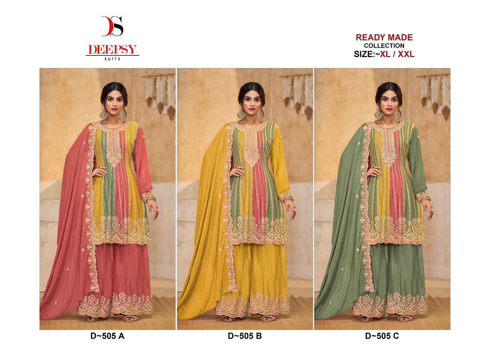 Deepsy Suits D-505 ABCD PURE CHINON WITH EMBROIDERY SUITS ( 3 PCS CATALOG )