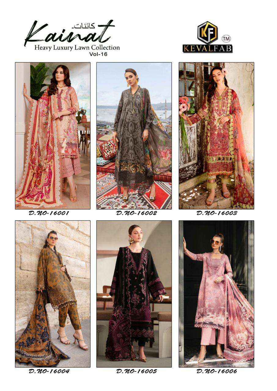 KEVAL FAB KAINAT VOL 16 LAWN COTTON DIGITAL PRINTS SALWAR SUIT ( 6 PCS CATALOG )