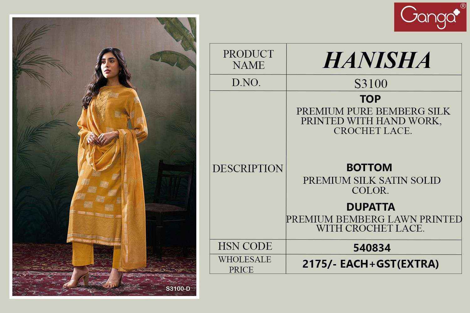 Ganga Hanisha 3100 Bamber Silk Dress Material Wholesale Price ( 4 Pcs Catalog )