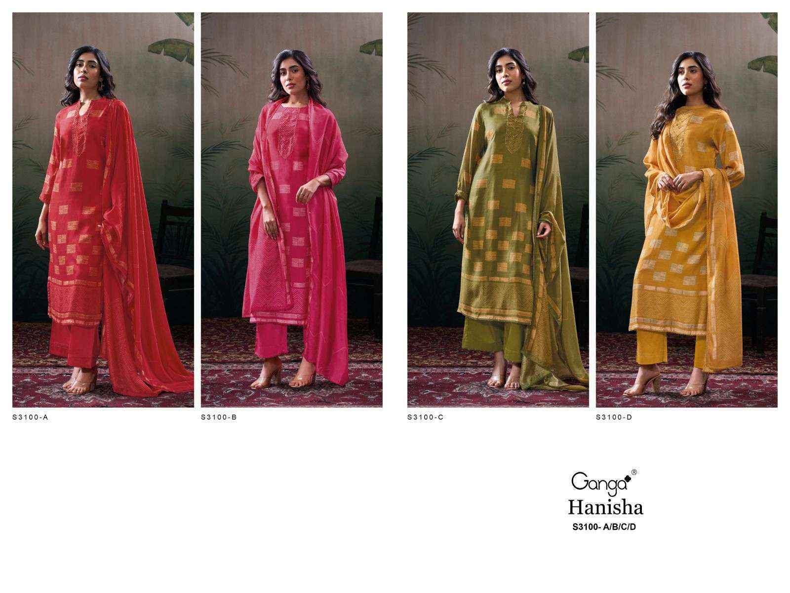 Ganga Hanisha 3100 Bamber Silk Dress Material Wholesale Price ( 4 Pcs Catalog )