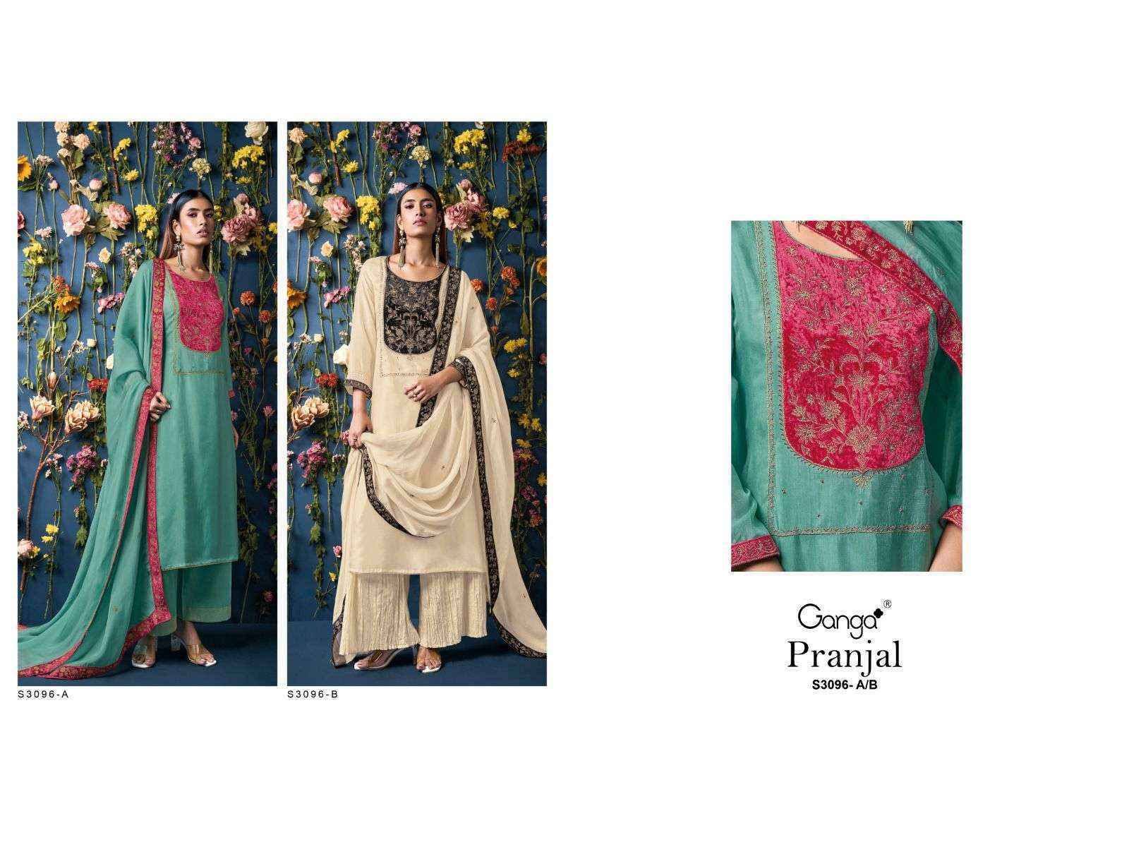 Ganga Pranjal 3096 Bamberg Silk Dress Material Wholesale Price ( 2 Pcs Catalog )