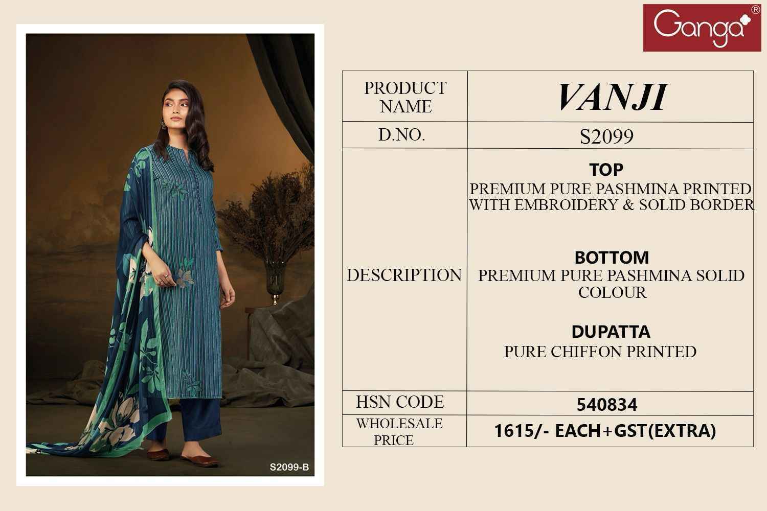 Ganga Vanji-2099 Pashmina Dress Material wholesale price (4 pcs catalog )