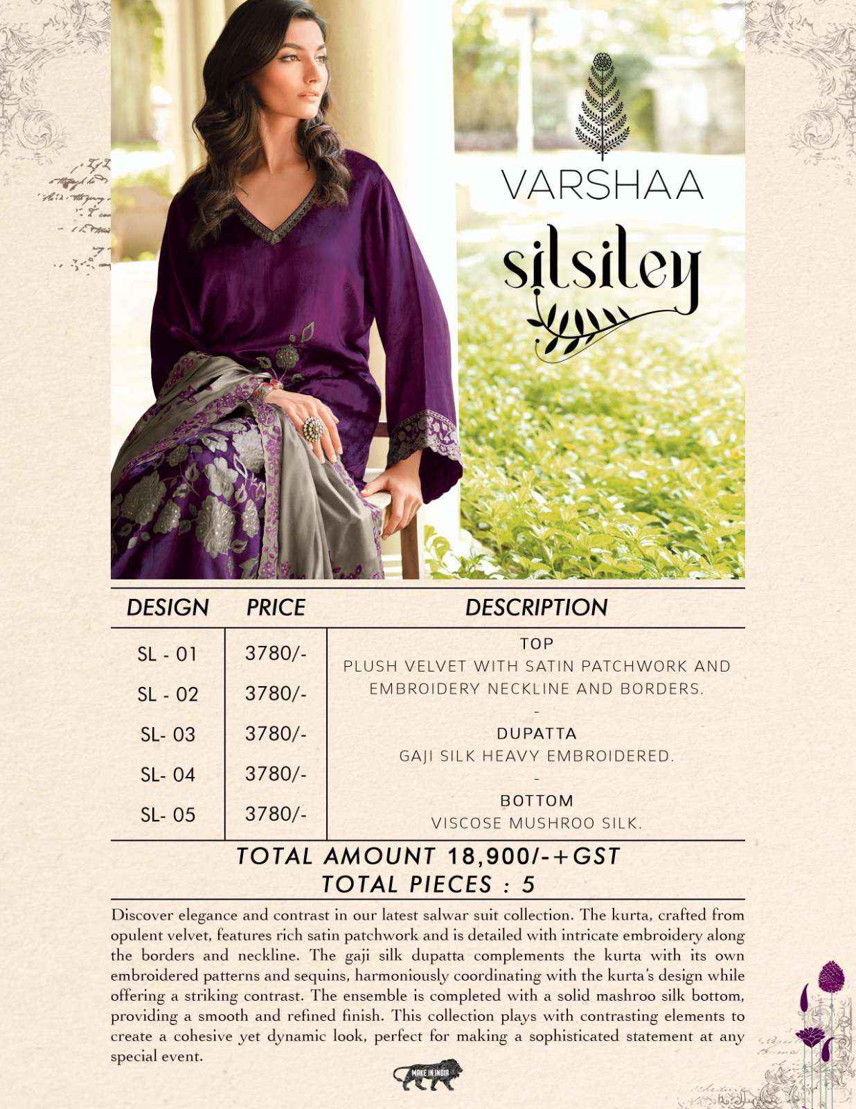 Varsha Silsiley Partywear Style Velvet Latest Designer Suit wholesale price ( 5 pcs catalog )