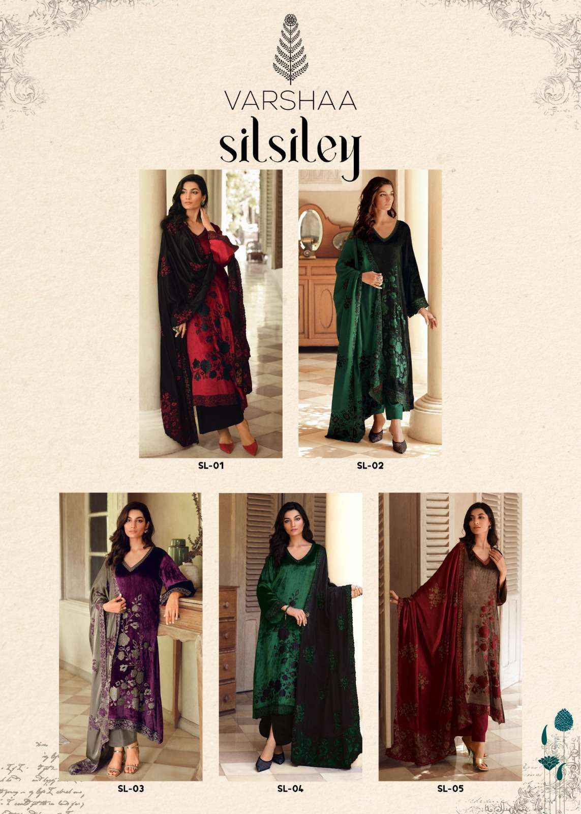 Varsha Silsiley Partywear Style Velvet Latest Designer Suit wholesale price ( 5 pcs catalog )