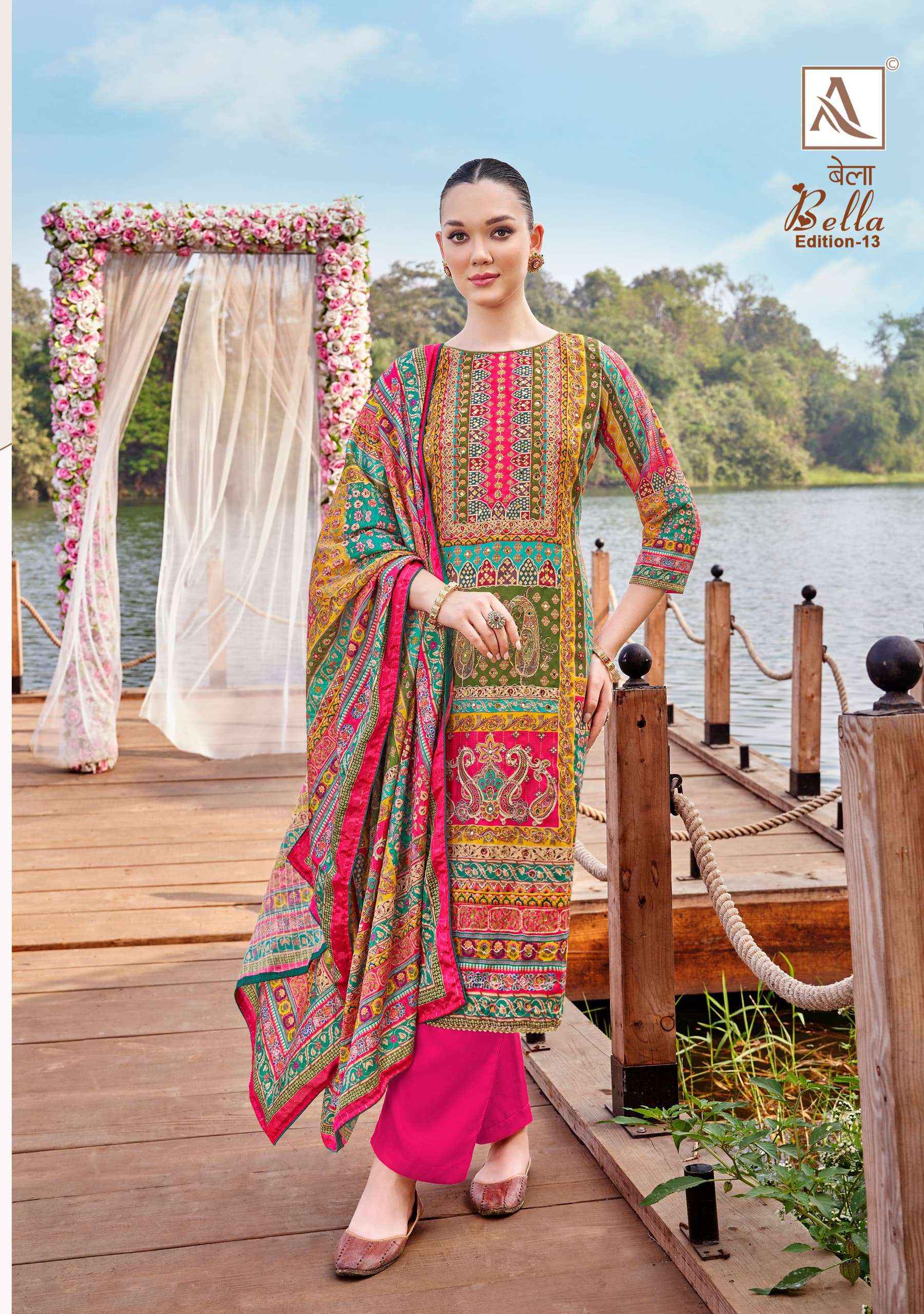 ALOK SUITS BELLA VOL 13 MUSLIN DIGITAL PRINT WITH FANCY DRESS MATERIAL WHOLESALE PRICE ( 6 PCS CATALOG )