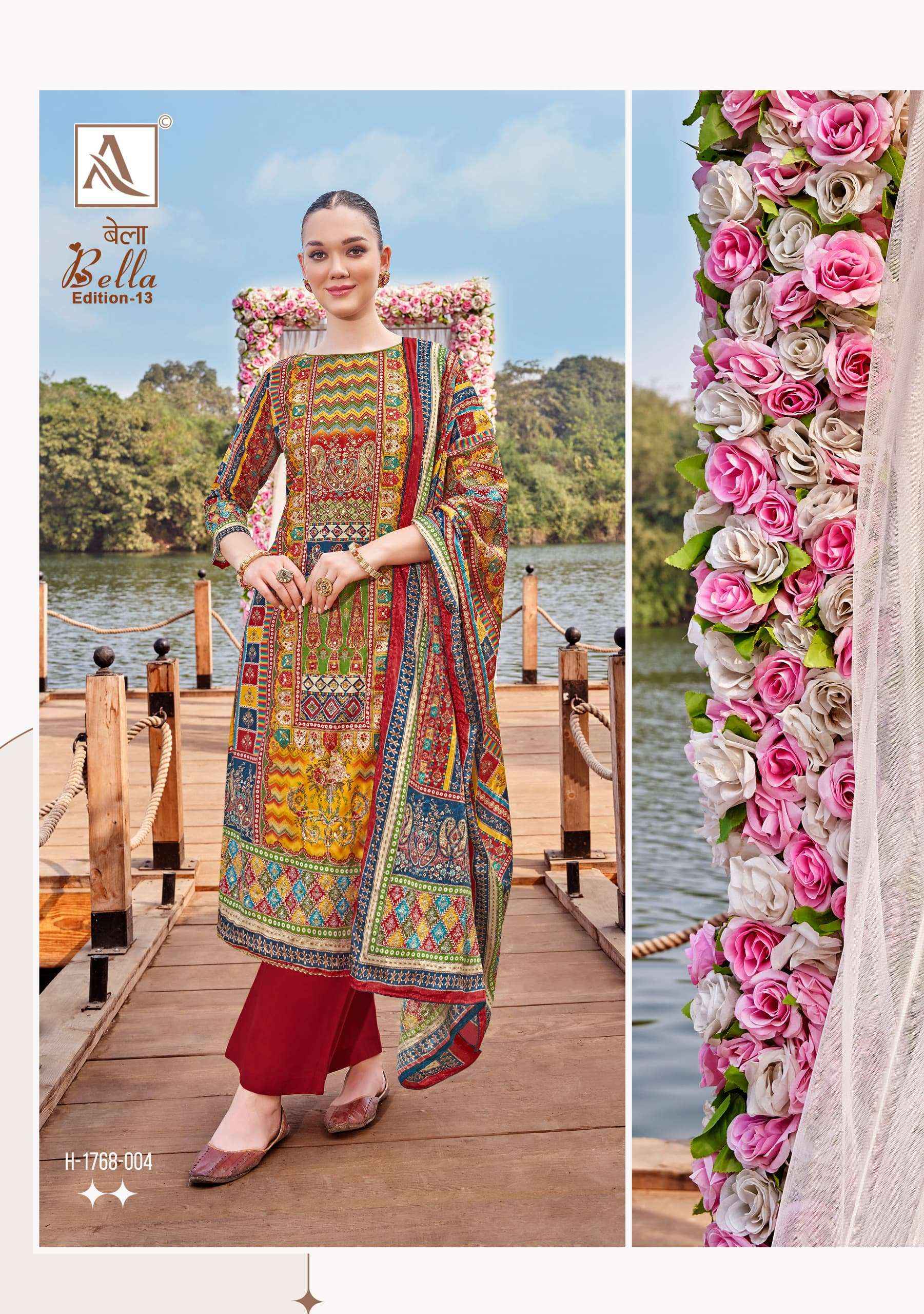 ALOK SUITS BELLA VOL 13 MUSLIN DIGITAL PRINT WITH FANCY DRESS MATERIAL WHOLESALE PRICE ( 6 PCS CATALOG )