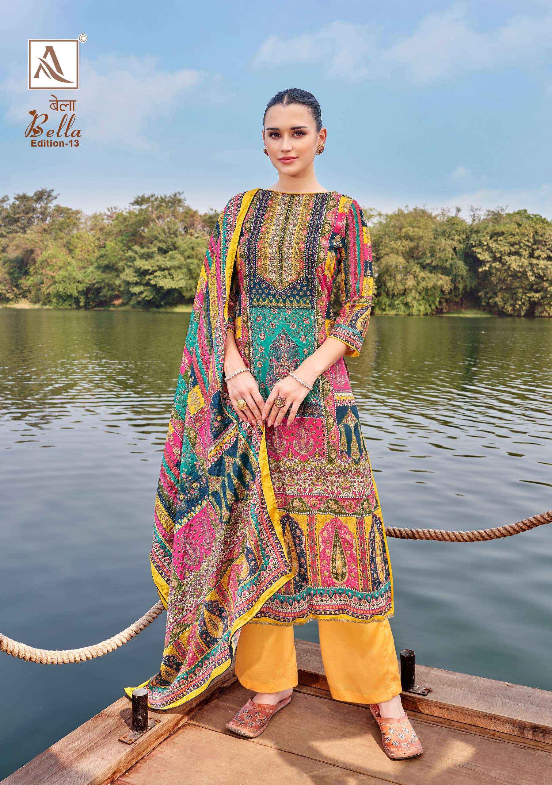 ALOK SUITS BELLA VOL 13 MUSLIN DIGITAL PRINT WITH FANCY DRESS MATERIAL WHOLESALE PRICE ( 6 PCS CATALOG )