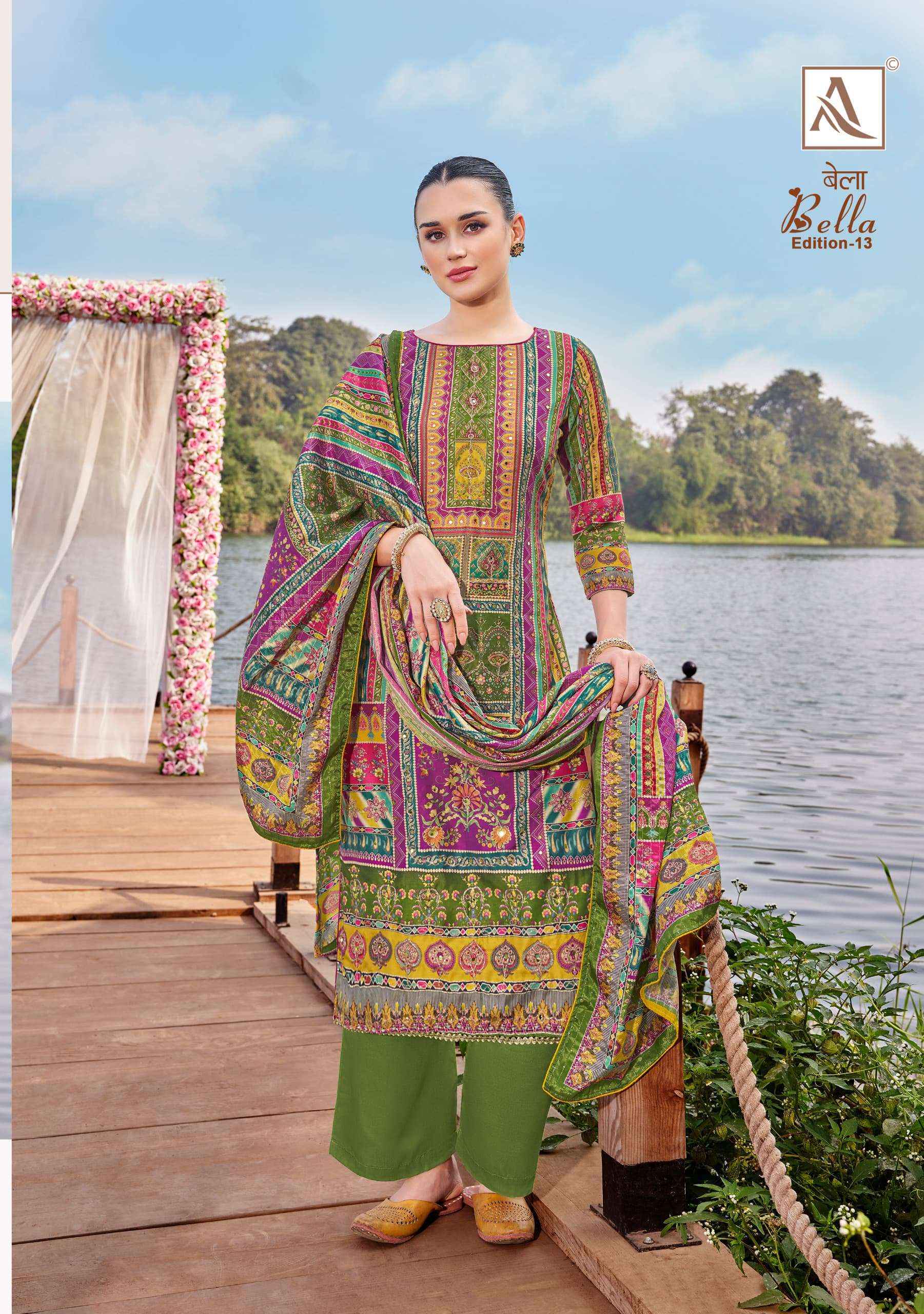 ALOK SUITS BELLA VOL 13 MUSLIN DIGITAL PRINT WITH FANCY DRESS MATERIAL WHOLESALE PRICE ( 6 PCS CATALOG )