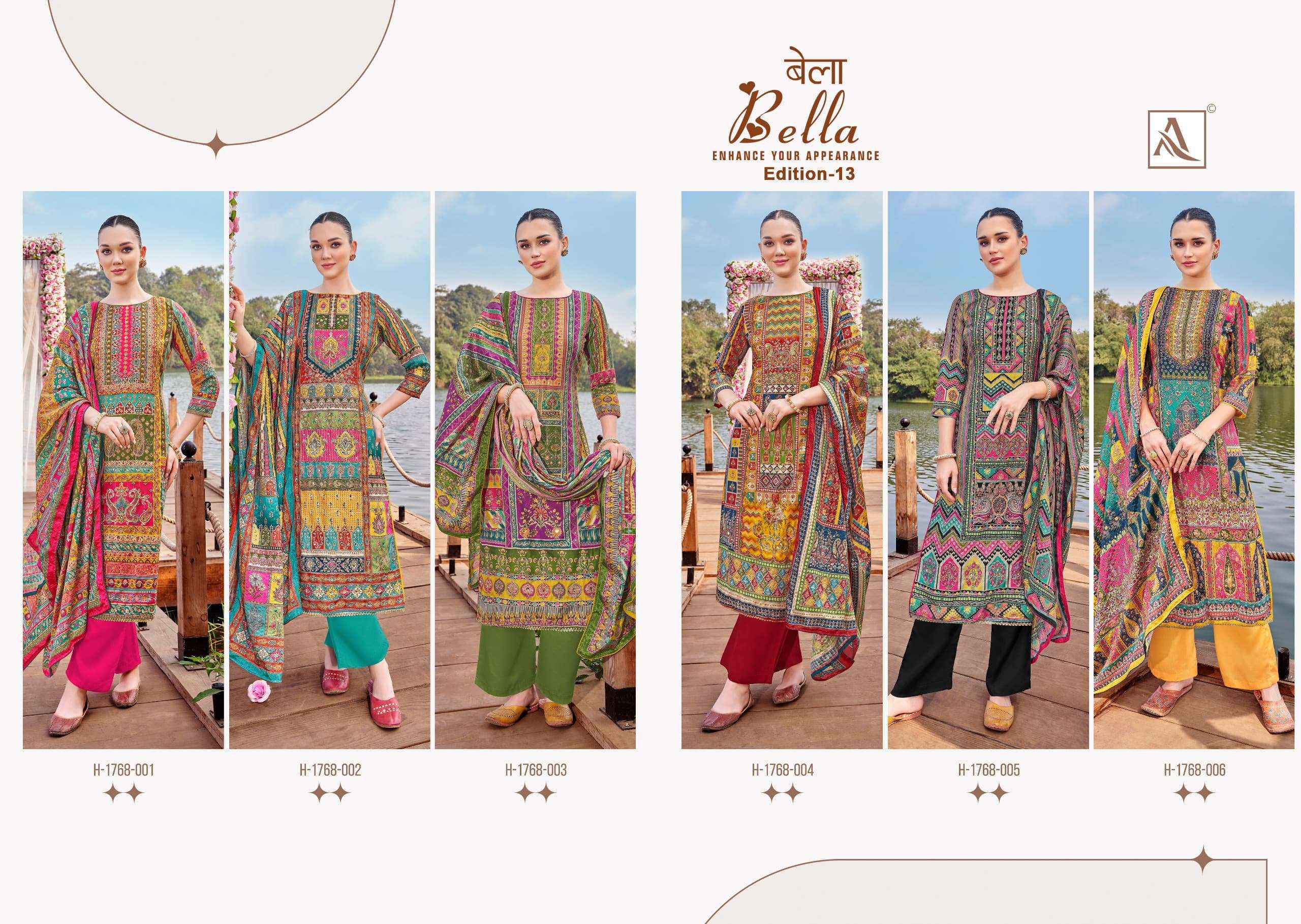 ALOK SUITS BELLA VOL 13 MUSLIN DIGITAL PRINT WITH FANCY DRESS MATERIAL WHOLESALE PRICE ( 6 PCS CATALOG )