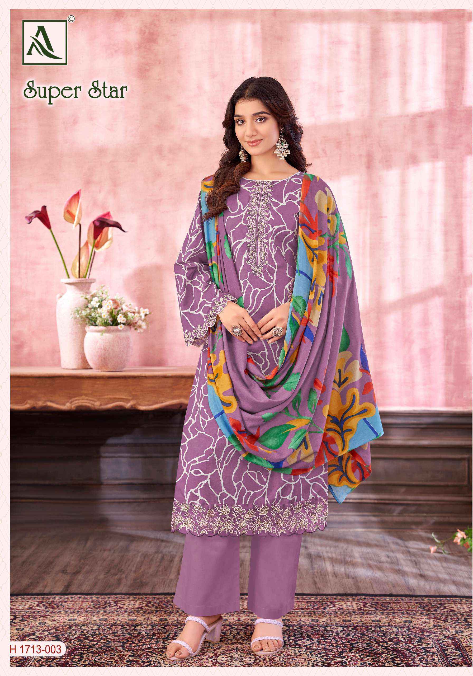 ALOK SUITS SUPER STAR COTTON PRINT WITH FANCY EMBROIDERY SUIT DRESS MATERIAL WHOLESALE PRICE ( 6 PCS CATALOG )