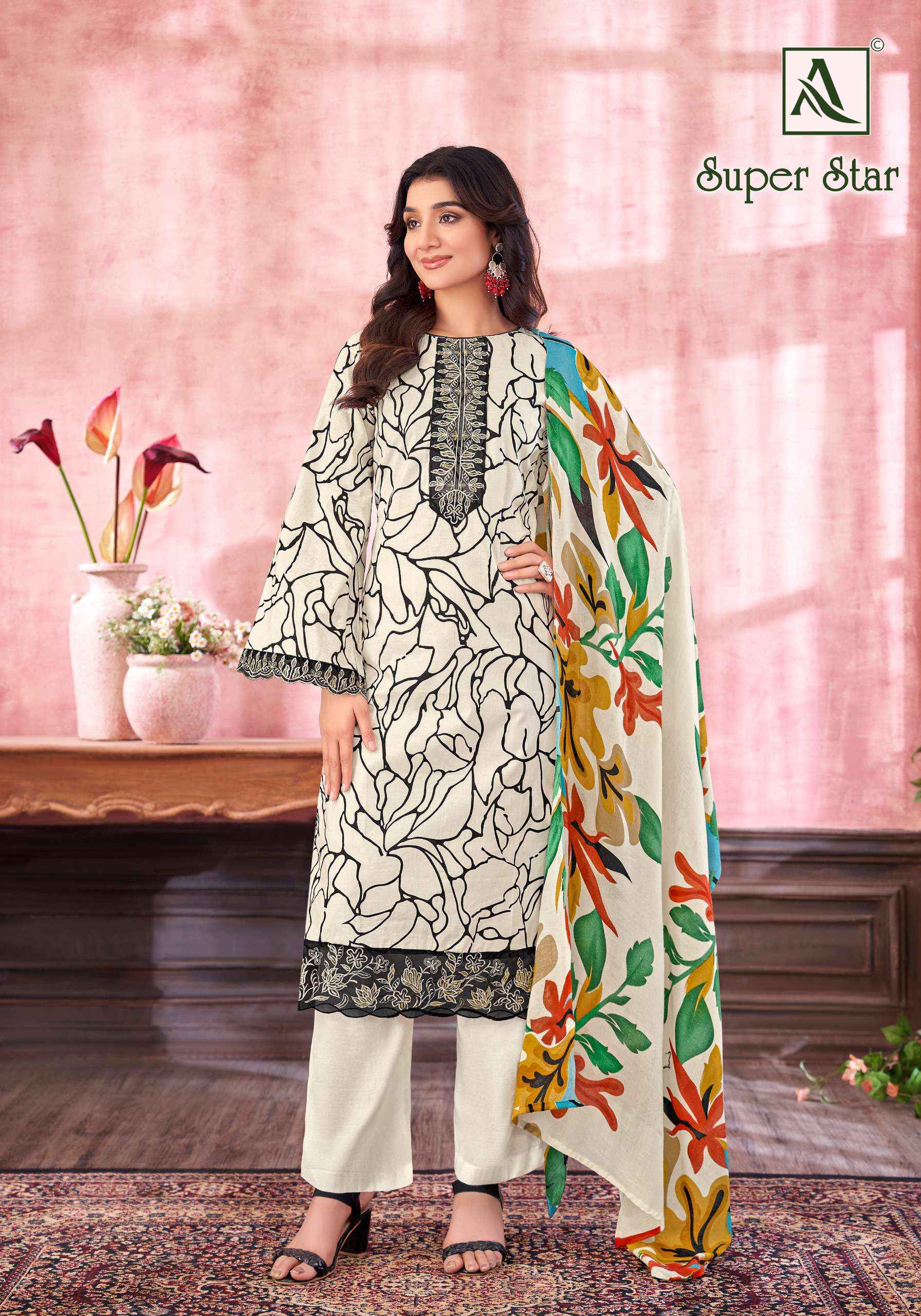 ALOK SUITS SUPER STAR COTTON PRINT WITH FANCY EMBROIDERY SUIT DRESS MATERIAL WHOLESALE PRICE ( 6 PCS CATALOG )