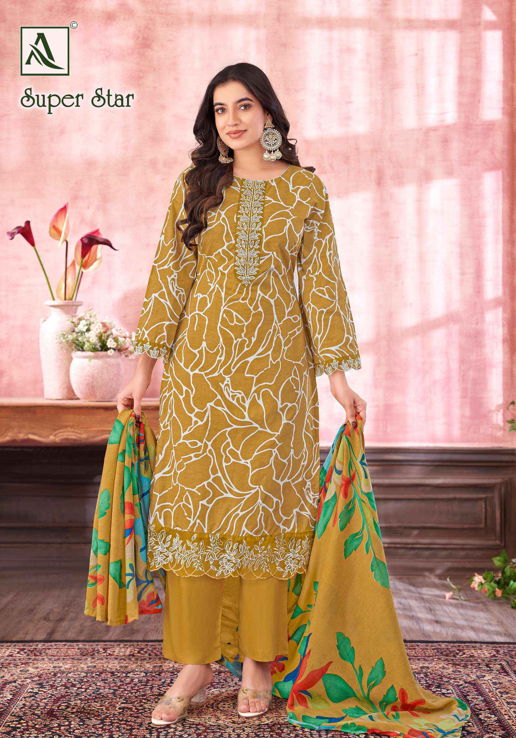 ALOK SUITS SUPER STAR COTTON PRINT WITH FANCY EMBROIDERY SUIT DRESS MATERIAL WHOLESALE PRICE ( 6 PCS CATALOG )