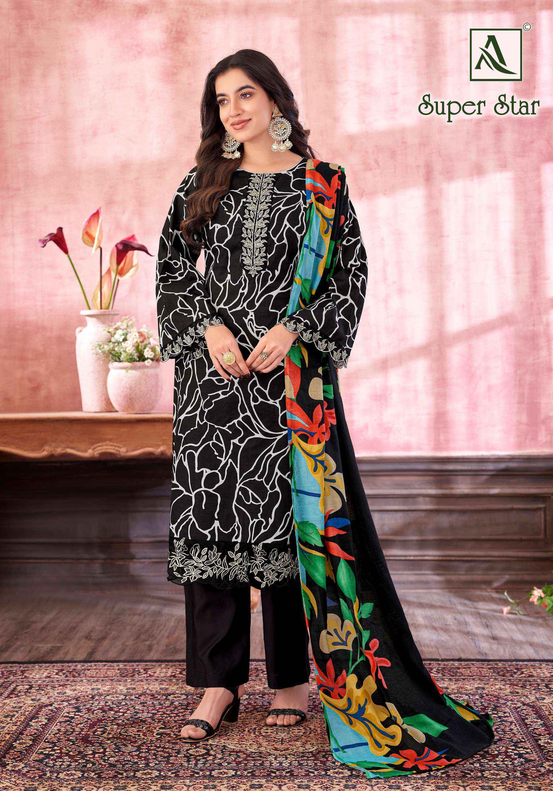 ALOK SUITS SUPER STAR COTTON PRINT WITH FANCY EMBROIDERY SUIT DRESS MATERIAL WHOLESALE PRICE ( 6 PCS CATALOG )