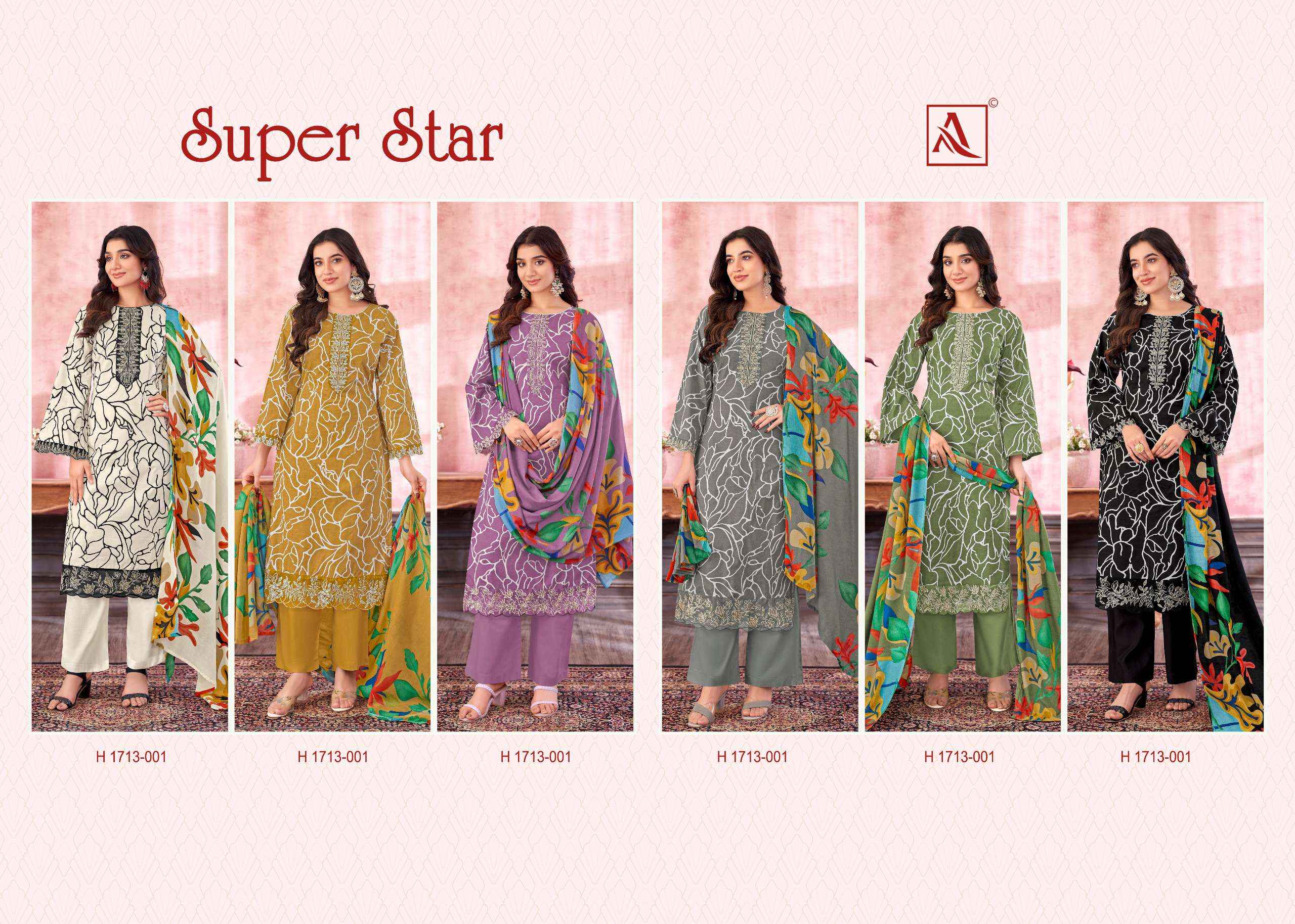 ALOK SUITS SUPER STAR COTTON PRINT WITH FANCY EMBROIDERY SUIT DRESS MATERIAL WHOLESALE PRICE ( 6 PCS CATALOG )