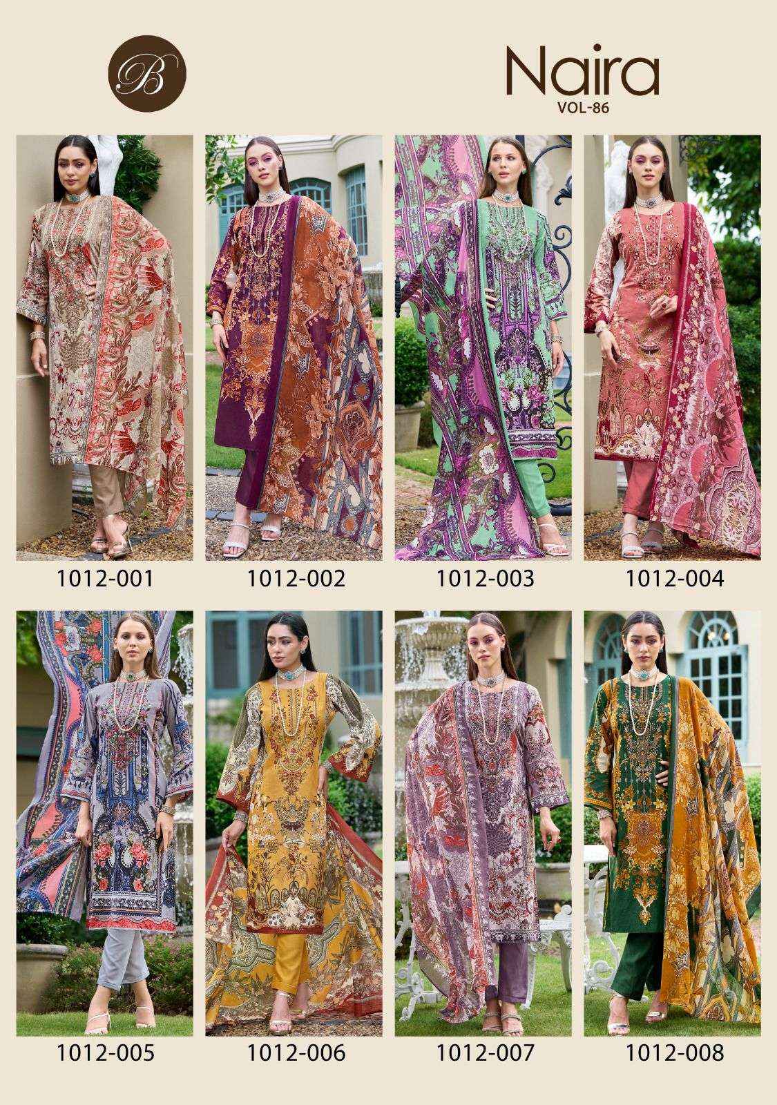 BELLIZA DESIGNER STUDIO NAIRA VOL 86 COTTON DIGITAL PRINTS WITH FANCY DRESS MATERIAL WHOLESALE PRICE ( 8 PCS CATALOG )