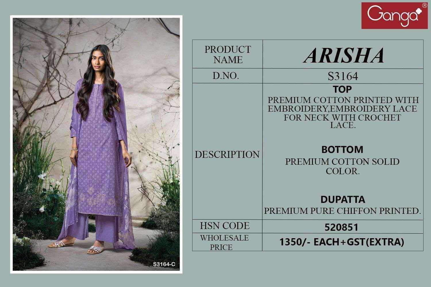 Ganga Arisha 3164 Cotton Dress Material Wholesale Price  ( 4 Pcs Catalog )