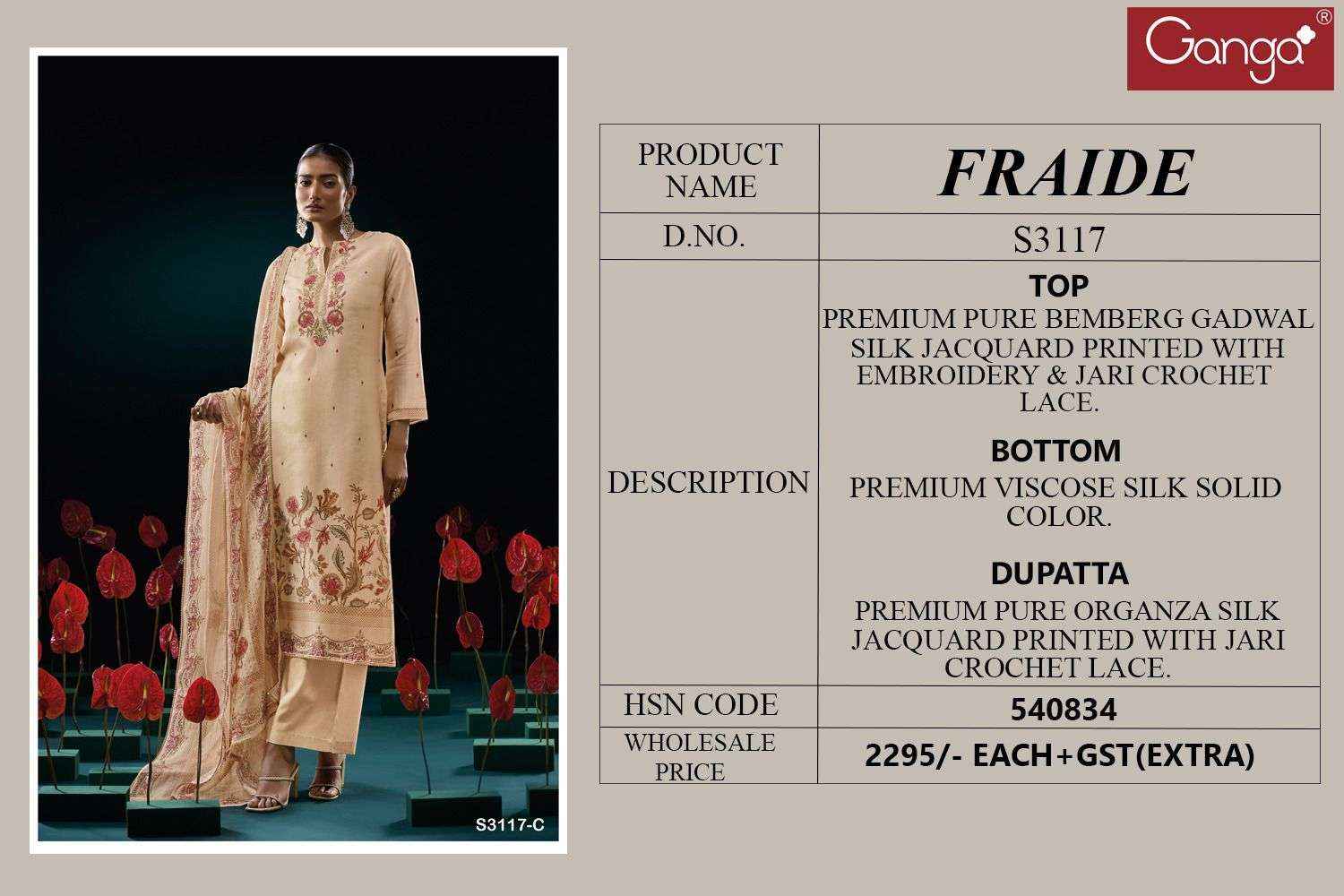 Ganga Fashion Fraide 3117 Designer Silk Exclusive Dress Material Wholesale Price ( 4 Pcs Catalog )