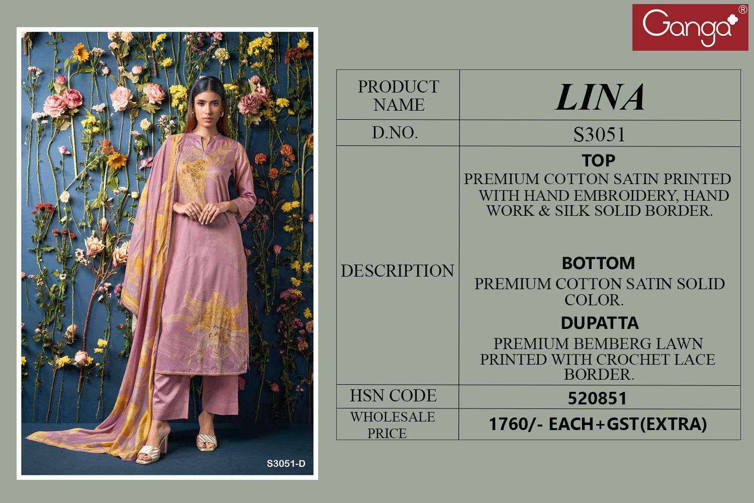 Ganga Fashion Lina 3051 Premium Cotton Satin Suit Dress Material Wholesale Price ( 4 Pcs Catalog )