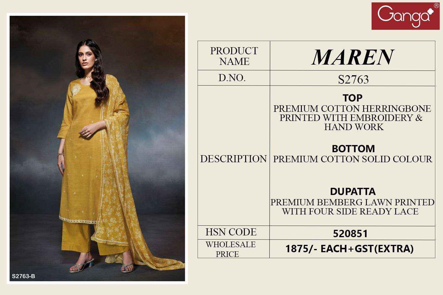 Ganga Fashion Maren 2763 Fancy Cotton Premium Design Suit Dress Material Wholesale Price ( 4 Pcs Catalog )