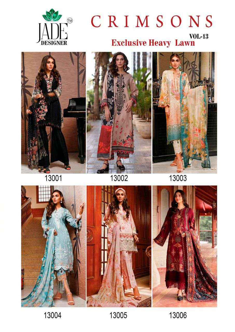 JADE CRIMSON EXCLUSIVE HEAVY LAWN COLLECTION VOL 13 LAWN COTTON SUIT DRESS MATERIAL WHOLESALE PRICE ( 6 PCS CATALOG )