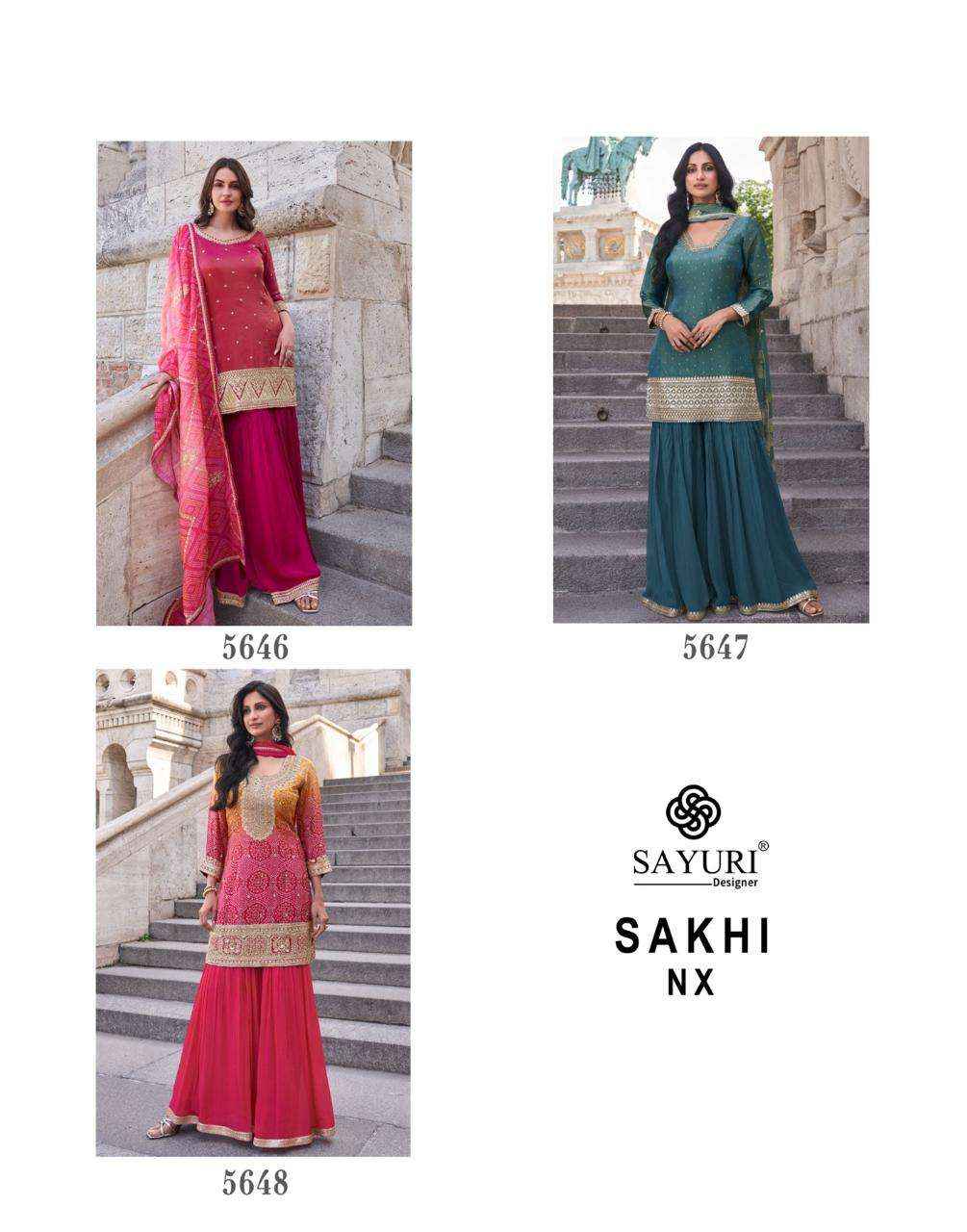 Sayuri Sakhi Nx 5646 To 5648 Designer Palazzo Style Suit Latest Salwar Kameez Wholesale Price ( 3 Pcs Catalog )