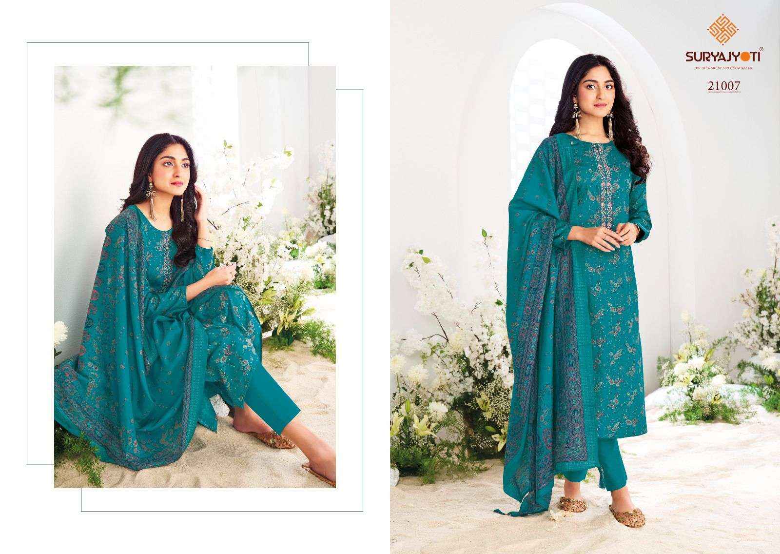 SURYAJYOTI KALKI VOL 21 JAM SATIN PRINT WITH FANCY SUIT DRESS MATERIAL WHOLESALE PRICE ( 8 PCS CATALOG )