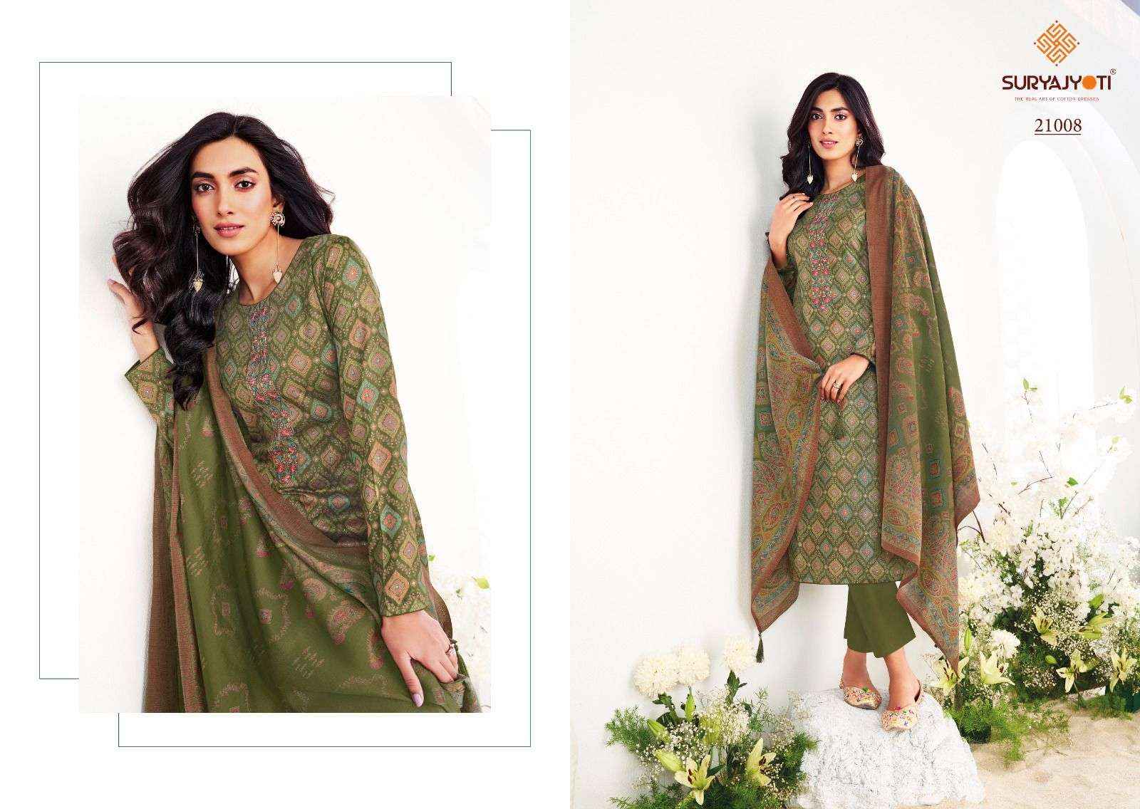 SURYAJYOTI KALKI VOL 21 JAM SATIN PRINT WITH FANCY SUIT DRESS MATERIAL WHOLESALE PRICE ( 8 PCS CATALOG )