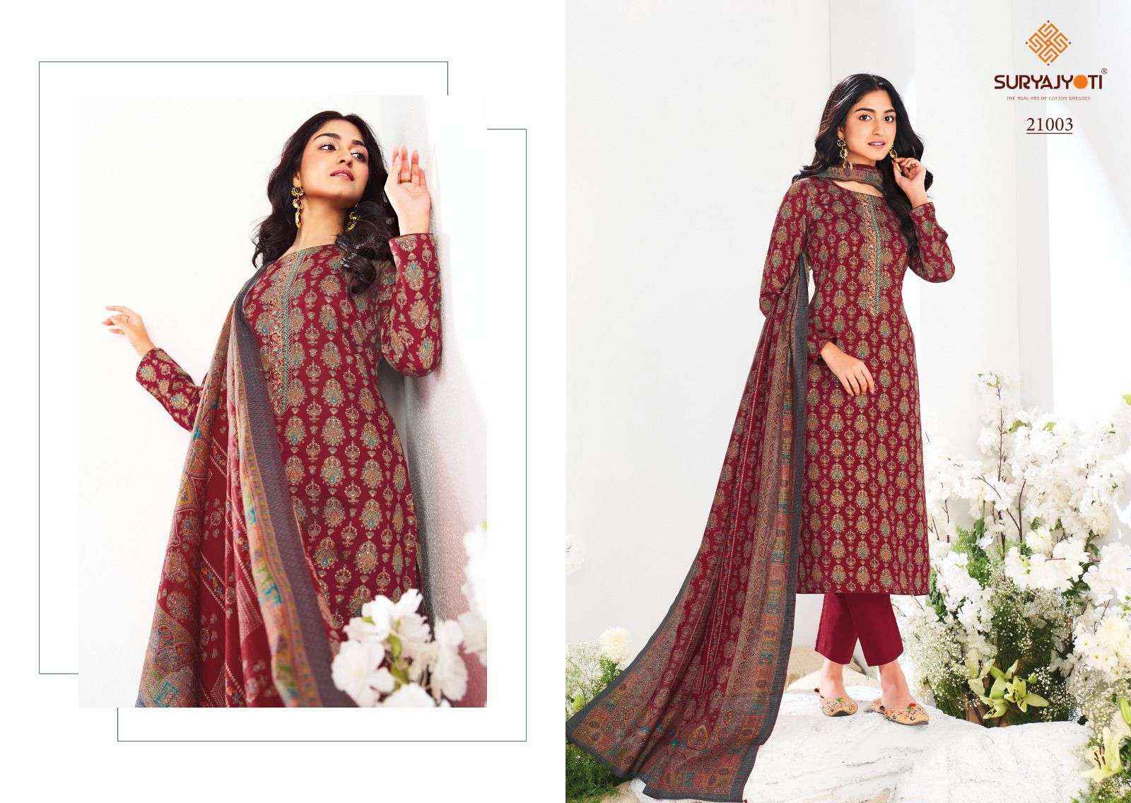 SURYAJYOTI KALKI VOL 21 JAM SATIN PRINT WITH FANCY SUIT DRESS MATERIAL WHOLESALE PRICE ( 8 PCS CATALOG )