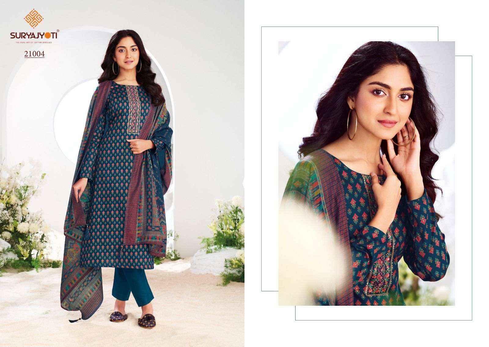 SURYAJYOTI KALKI VOL 21 JAM SATIN PRINT WITH FANCY SUIT DRESS MATERIAL WHOLESALE PRICE ( 8 PCS CATALOG )