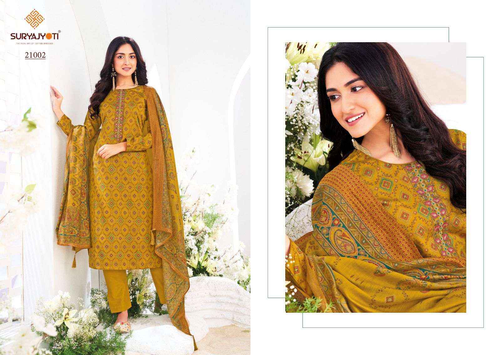 SURYAJYOTI KALKI VOL 21 JAM SATIN PRINT WITH FANCY SUIT DRESS MATERIAL WHOLESALE PRICE ( 8 PCS CATALOG )