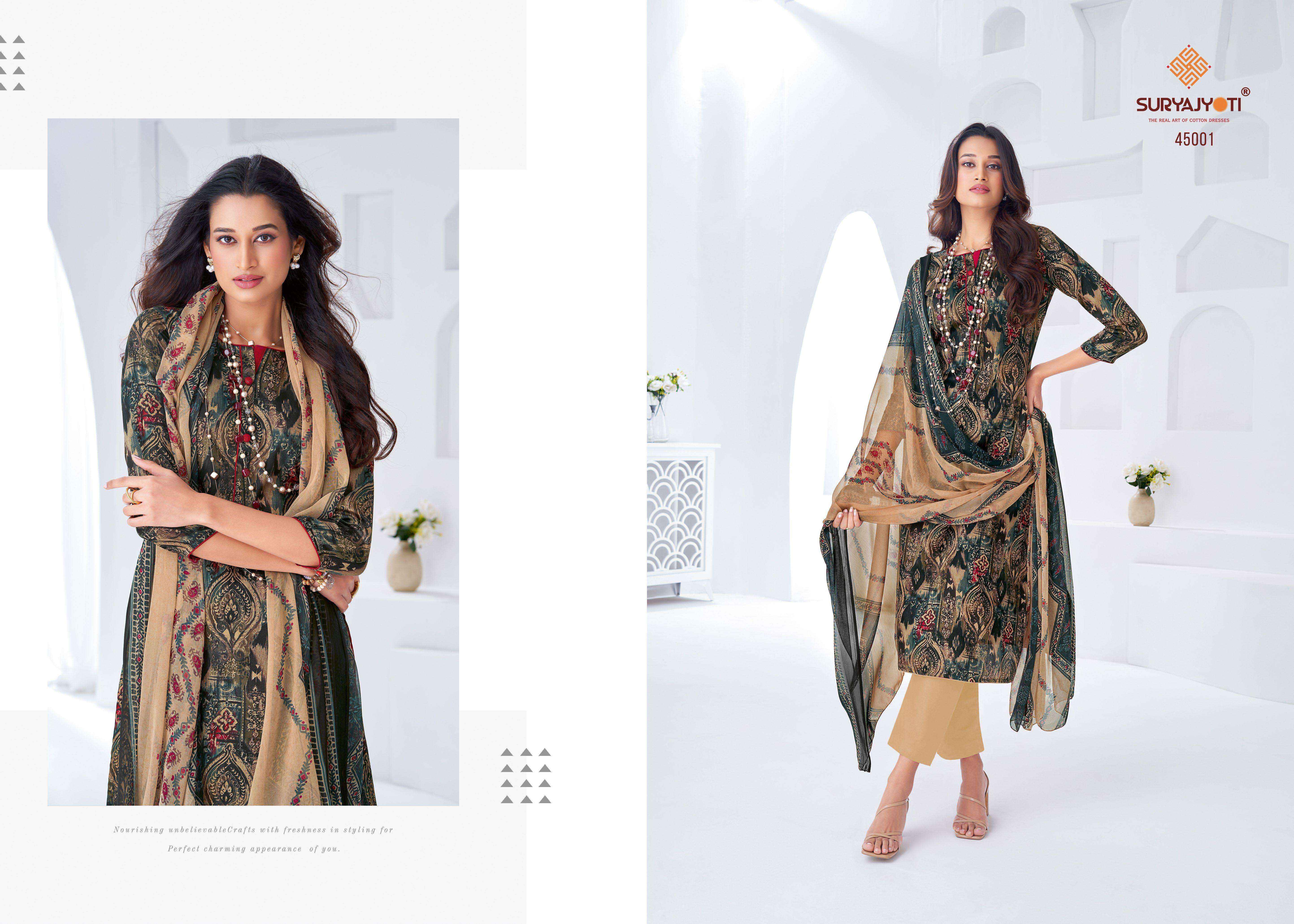 SURYAJYOTI NAISHAA VOL 45 SATIN PRINT SUIT DRESS MATERIAL WHOLESALE PRICE ( 10 PCS CATALOG )