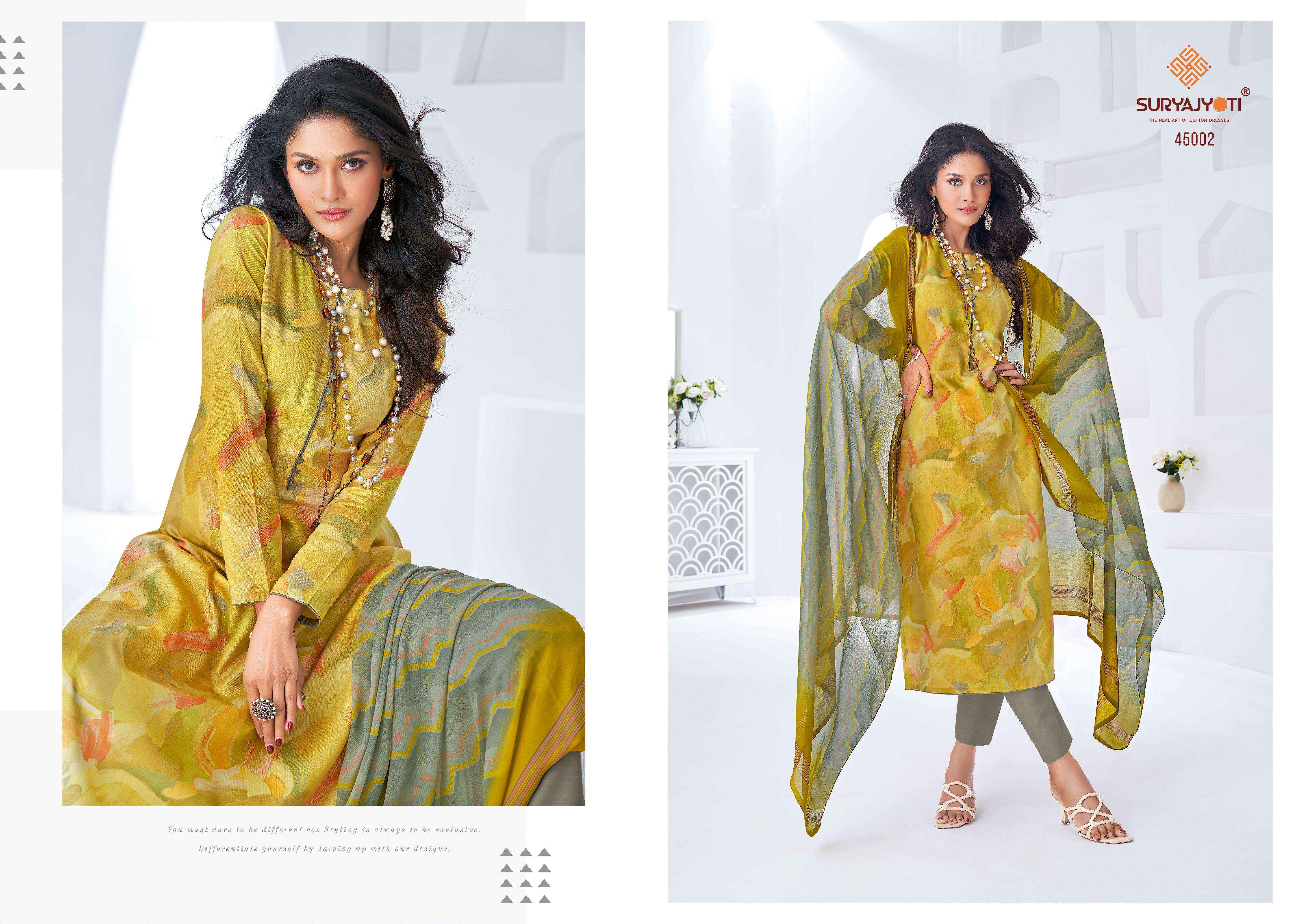 SURYAJYOTI NAISHAA VOL 45 SATIN PRINT SUIT DRESS MATERIAL WHOLESALE PRICE ( 10 PCS CATALOG )