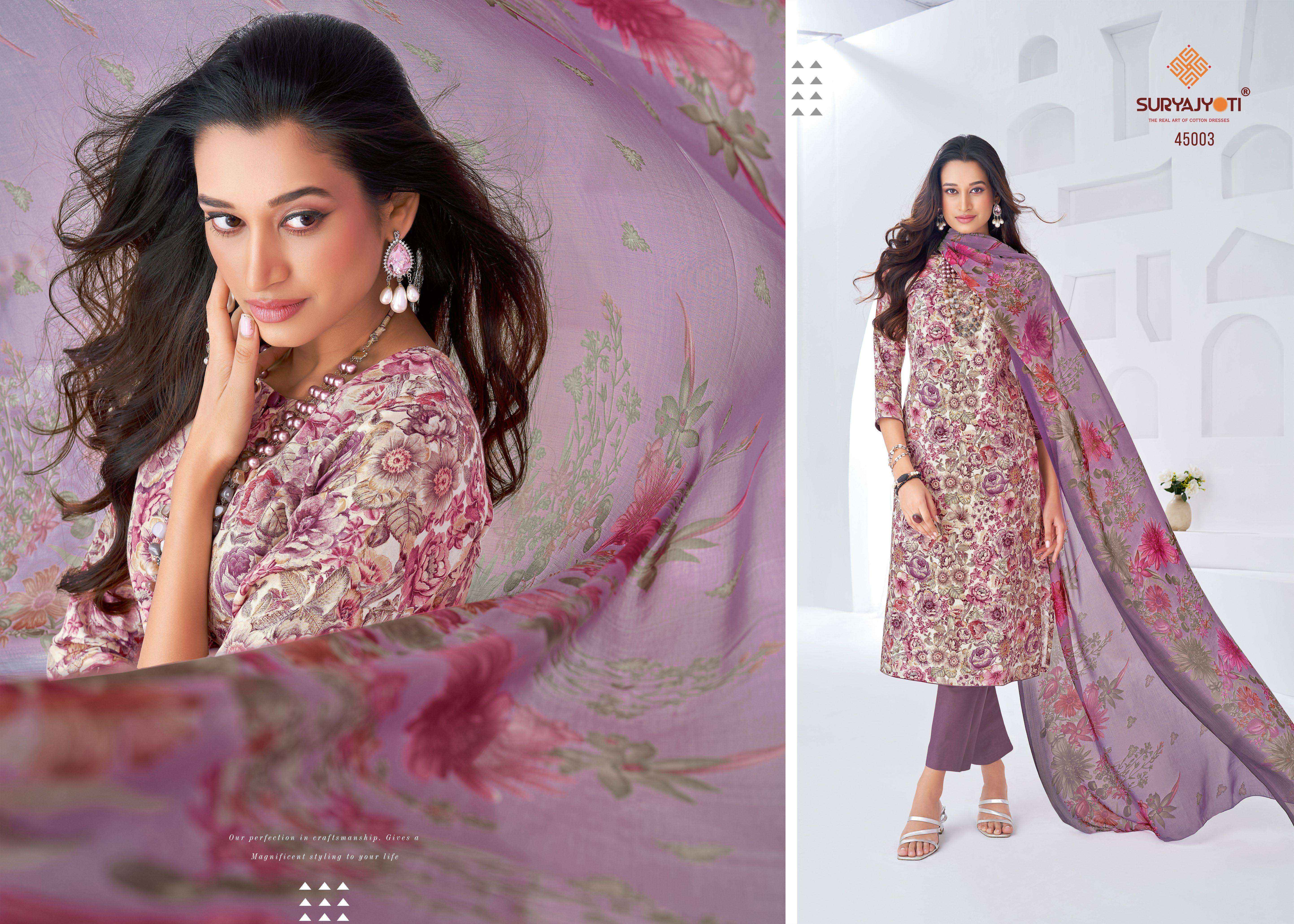 SURYAJYOTI NAISHAA VOL 45 SATIN PRINT SUIT DRESS MATERIAL WHOLESALE PRICE ( 10 PCS CATALOG )