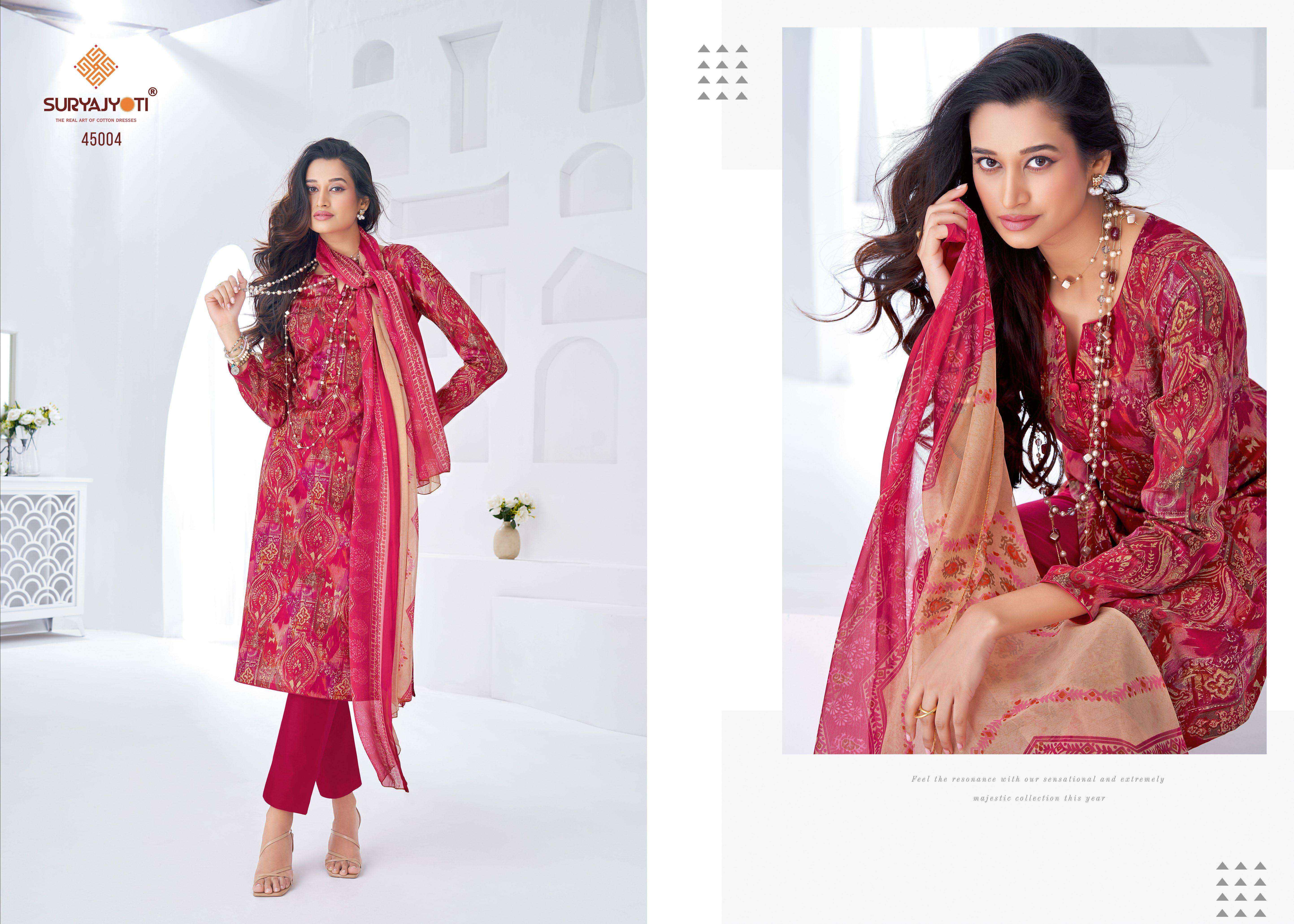 SURYAJYOTI NAISHAA VOL 45 SATIN PRINT SUIT DRESS MATERIAL WHOLESALE PRICE ( 10 PCS CATALOG )