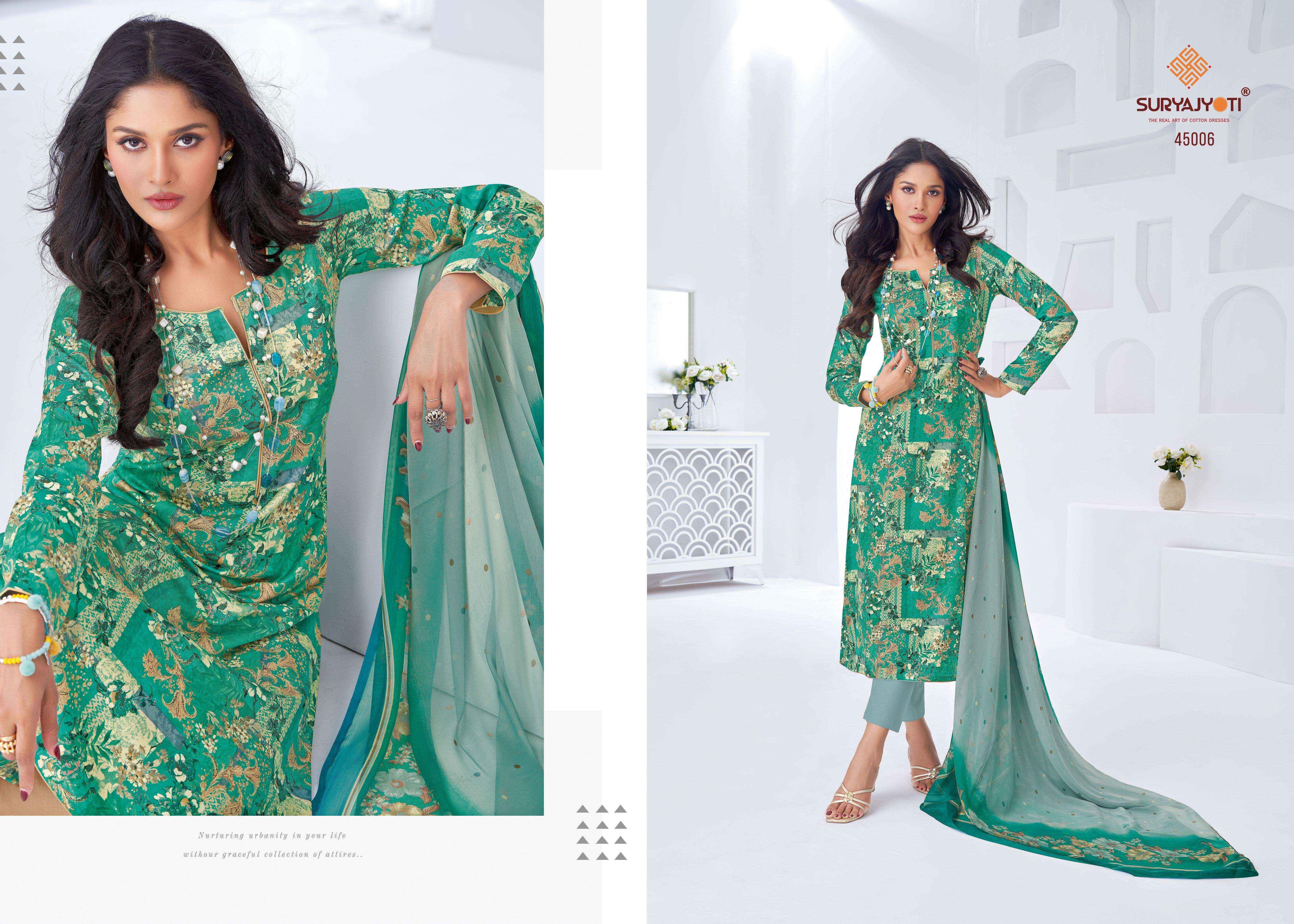 SURYAJYOTI NAISHAA VOL 45 SATIN PRINT SUIT DRESS MATERIAL WHOLESALE PRICE ( 10 PCS CATALOG )