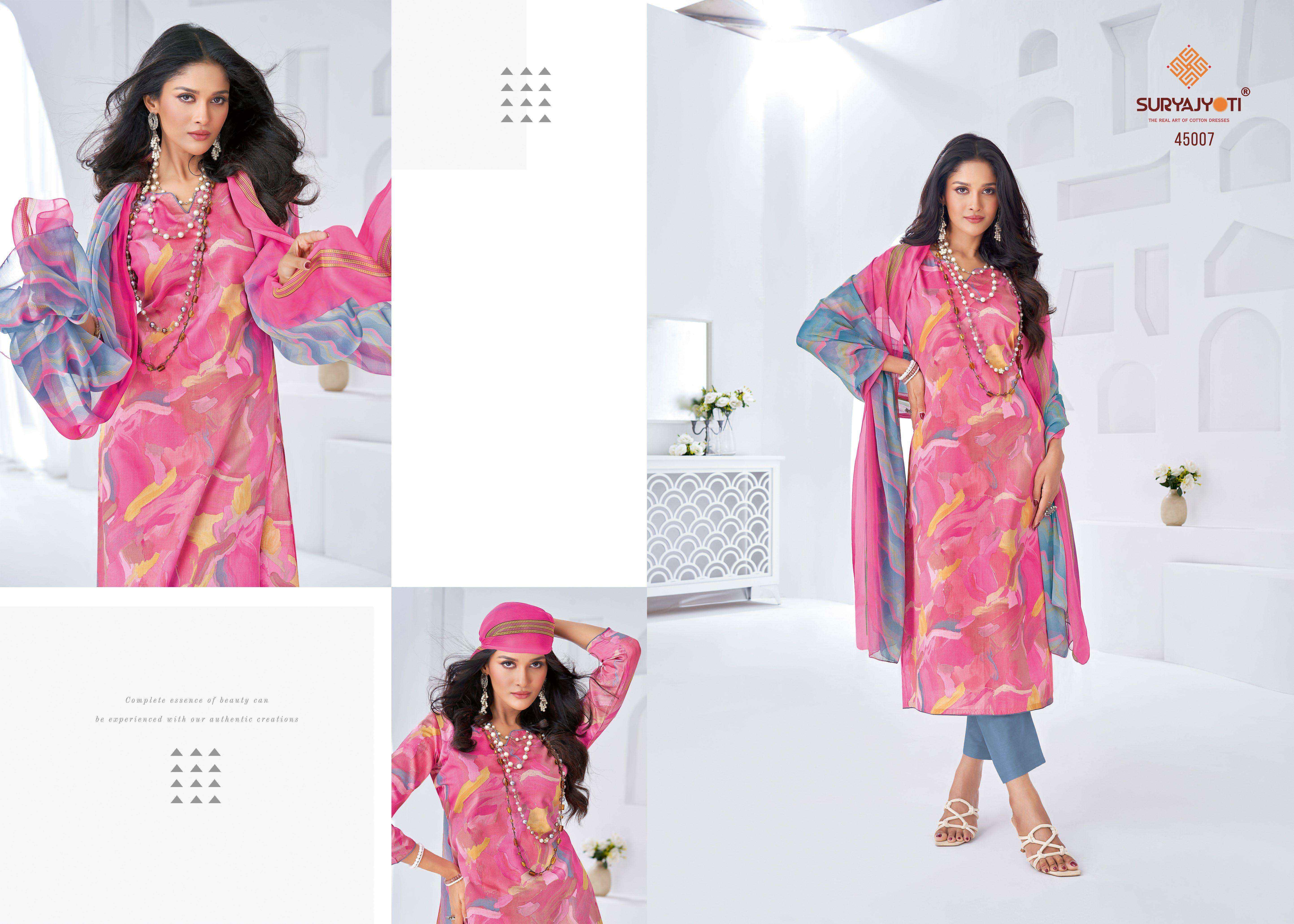 SURYAJYOTI NAISHAA VOL 45 SATIN PRINT SUIT DRESS MATERIAL WHOLESALE PRICE ( 10 PCS CATALOG )