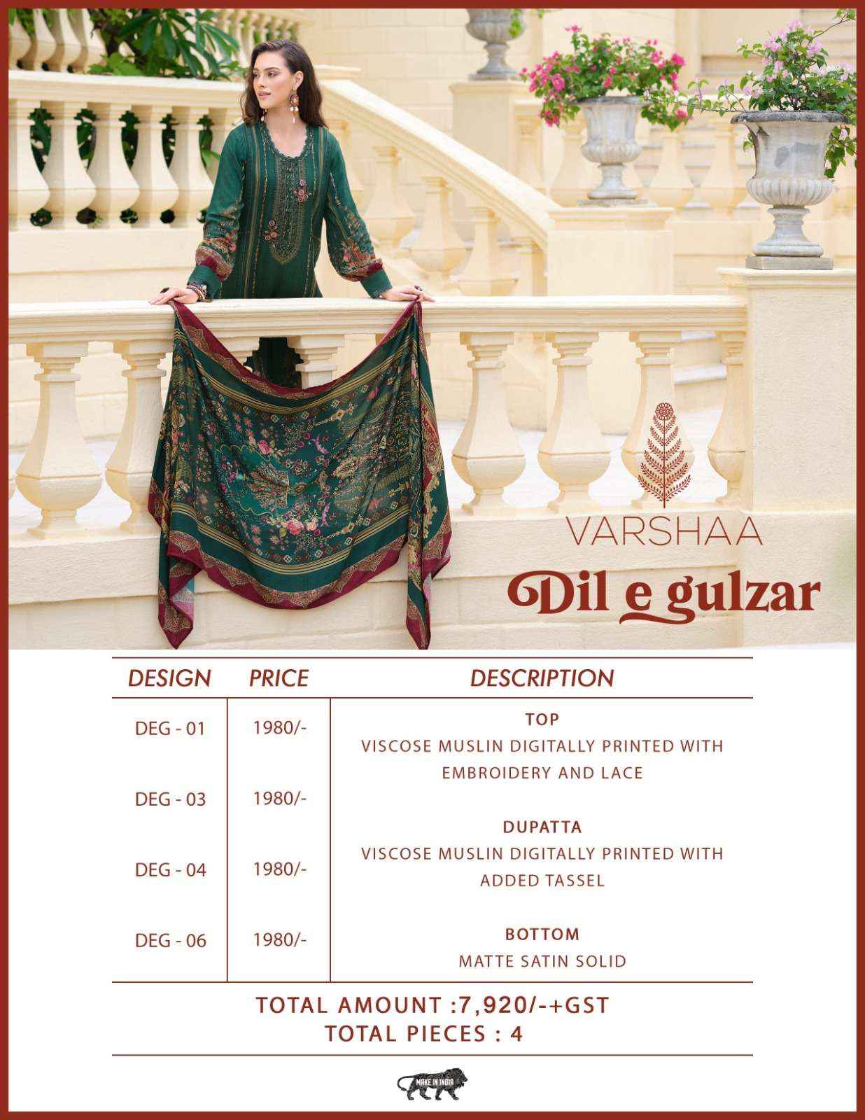 Varsha Dil E Gulzar Exclusive Fancy Muslin Ladies Suit Dress Material Wholesale Price ( 4 Pcs Catalog )