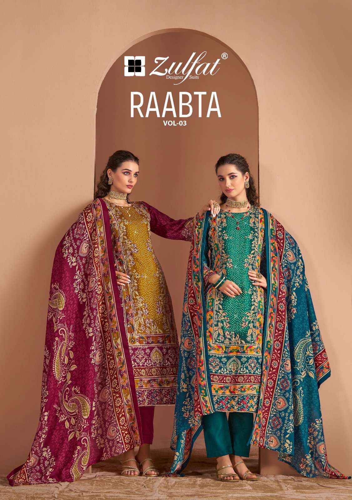 ZULFAT DESIGNER RAABTA VOL 3 WHOLESALE JAM COTTON DRESS MATERIAL ( 6 PCS CATALOG )