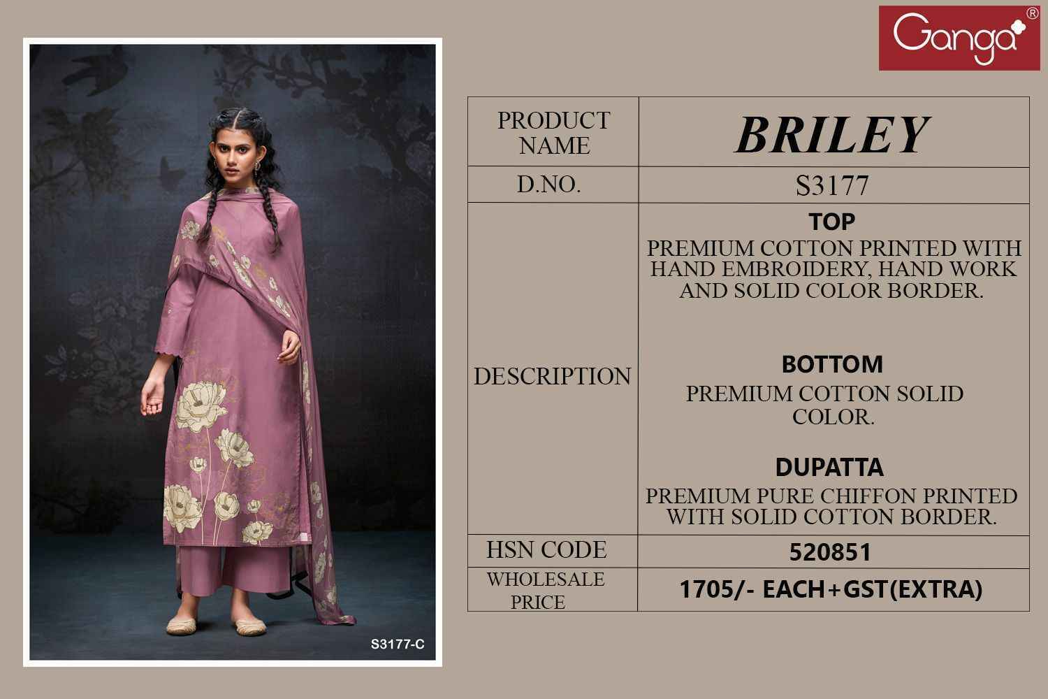 Ganga Briley S3177 Cotton Dress Material Wholesale Price ( 4 Pcs Catalog )