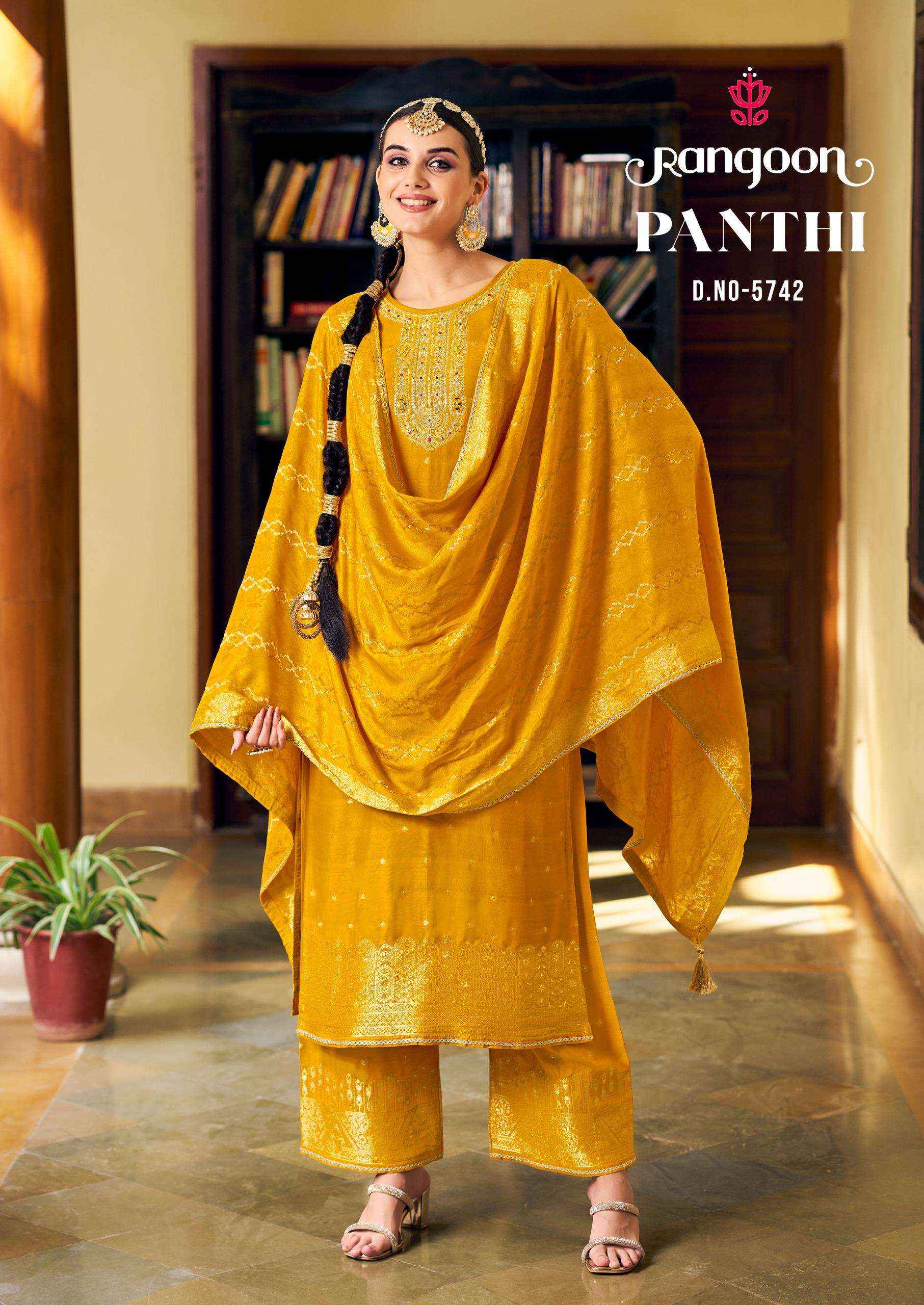 RANGOON PANTHI MUSLIN JACQUARD FANCY DESIGNER LADIES SUIT WHOLESALE PRICE ( 4 PCS CATALOG )