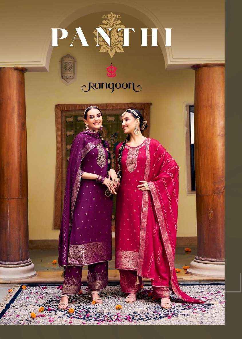 RANGOON PANTHI MUSLIN JACQUARD FANCY DESIGNER LADIES SUIT WHOLESALE PRICE ( 4 PCS CATALOG )